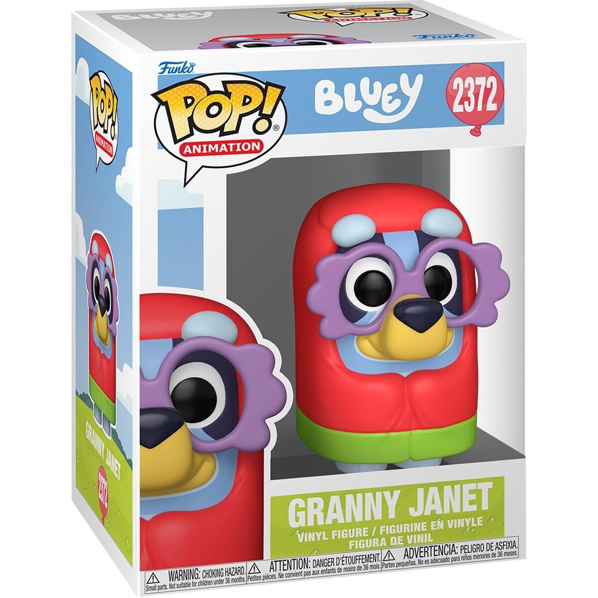 BLUCK
P!
Funko POP! 100 ANIMATION
BLUEY 2372
GRANNY JANET VINYL FIGURE / FIGURINE EN VINYLE FIGURA DE VINIL
ADVERTENCIA: PELIGRO DE ASFIXIA, menores de 36 meses, D'TOUFFEMENT, adecuado para niños ATTENTION: DANGER D Partes pequeñas. No es de menos de 36 mois, WARNING: CHOKING HAZARD, convient pas aux enfants Petites pièces. Ne convient pas aux enfants under 36 months. Not suitable for children under 36 months. Small parts.