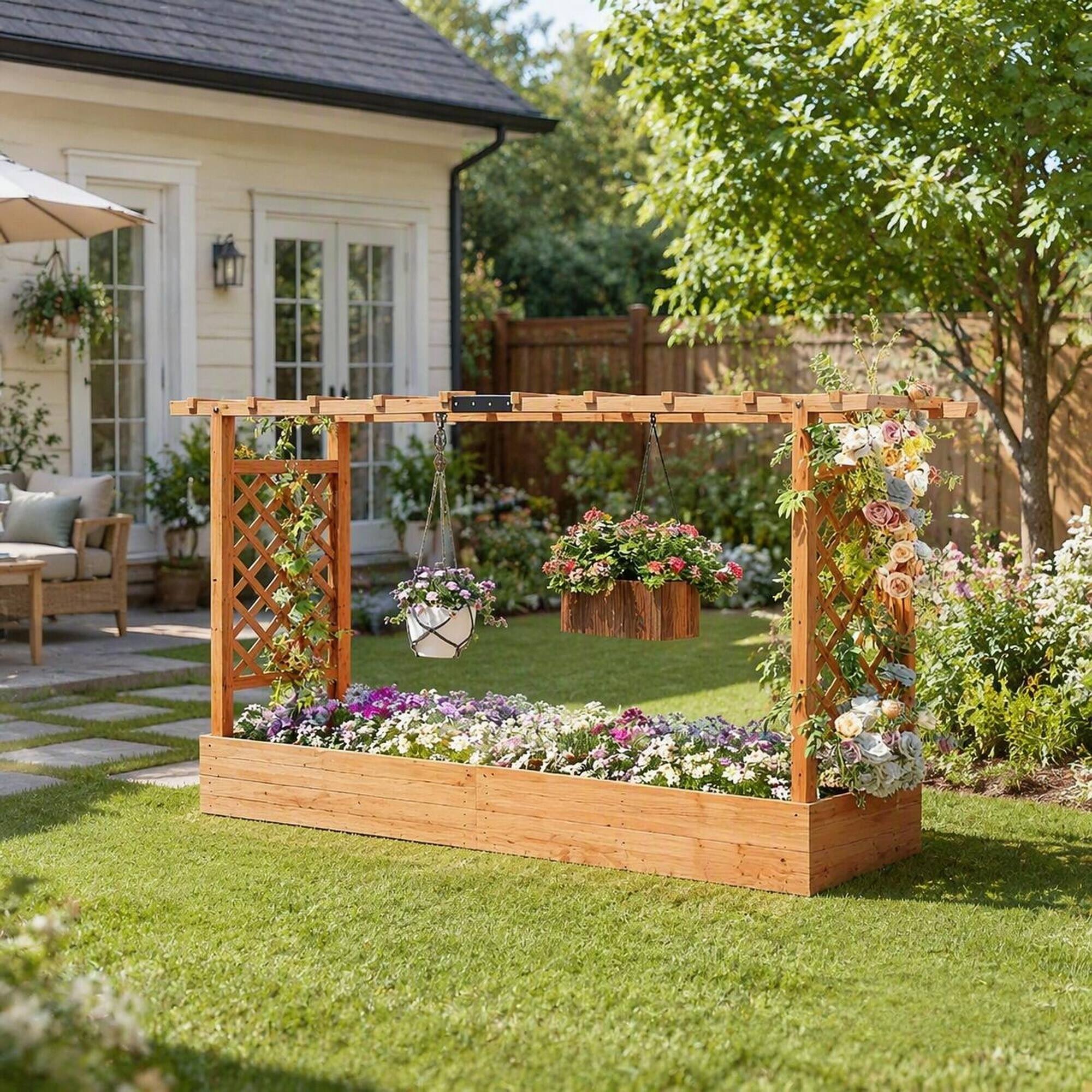 Alt View 1. RYHNUYNE - Wooden Raised Garden Bed with Arched Trellis, Fir Wood Planter Box for Climbing Plants, Large 68.9x15.4 Inch - Natural Wood.