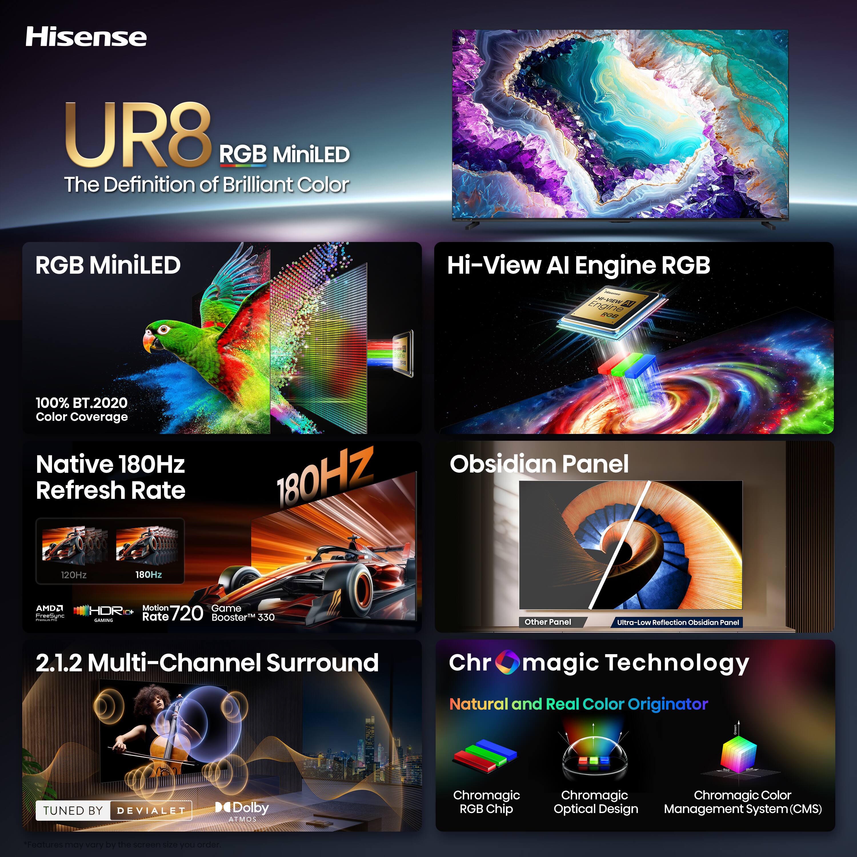Hisense  
UR8 RGB MiniLED  
The Definition of Brilliant Color  

RGB MiniLED  

Hi-View AI Engine RGB  

100% BT.2020 Color Coverage  
Native 180Hz Refresh Rate  
120Hz 180Hz  

Obsidian Panel  
180HZ  

AMD FreeSync  
HDR GAMING  
Motion Game Rate 720 Booster 330  

Other Panel  
Ultra-Low Reflection Obsidian Panel  

2.1.2 Multi-Channel Surround  

Chr magic Technology  
Natural and Real Color Originator  
TUNED BY DEVIALET  
Dolby ATMOS  

Chromagic RGB Chip  
Chromagic Optical Design  
Chromagic Color Management System (CMS)  

Features may vary by the screen size you order.