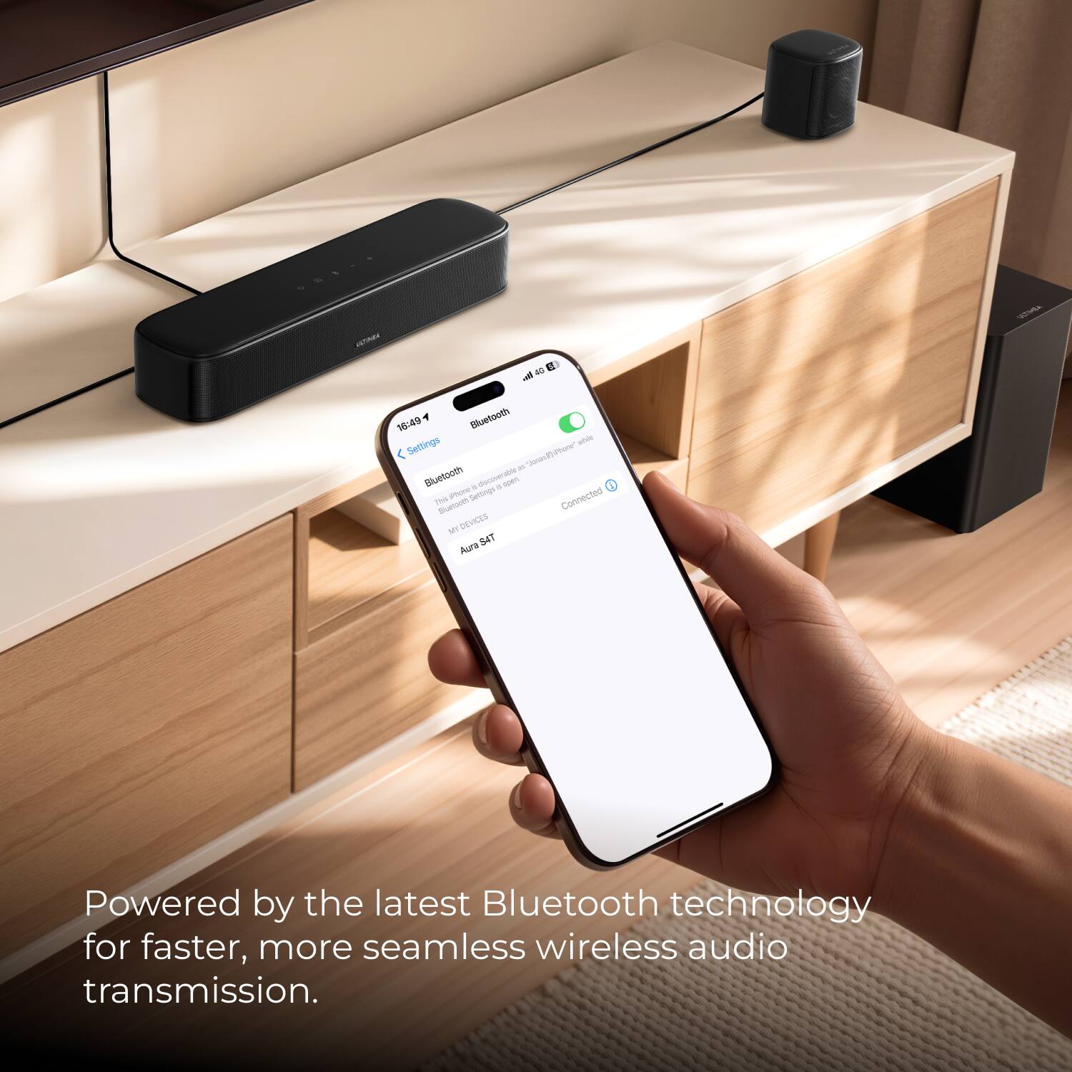 IR AS all SIMA Bluetooth 16:49 Settings - - Canenn nases Bluetooth . - . - 1 - aoe Settings Connected mutu MY DEVICES S4T Aura Powered by the latest Bluetooth technology for faster, more seamless wireless audio transmission.