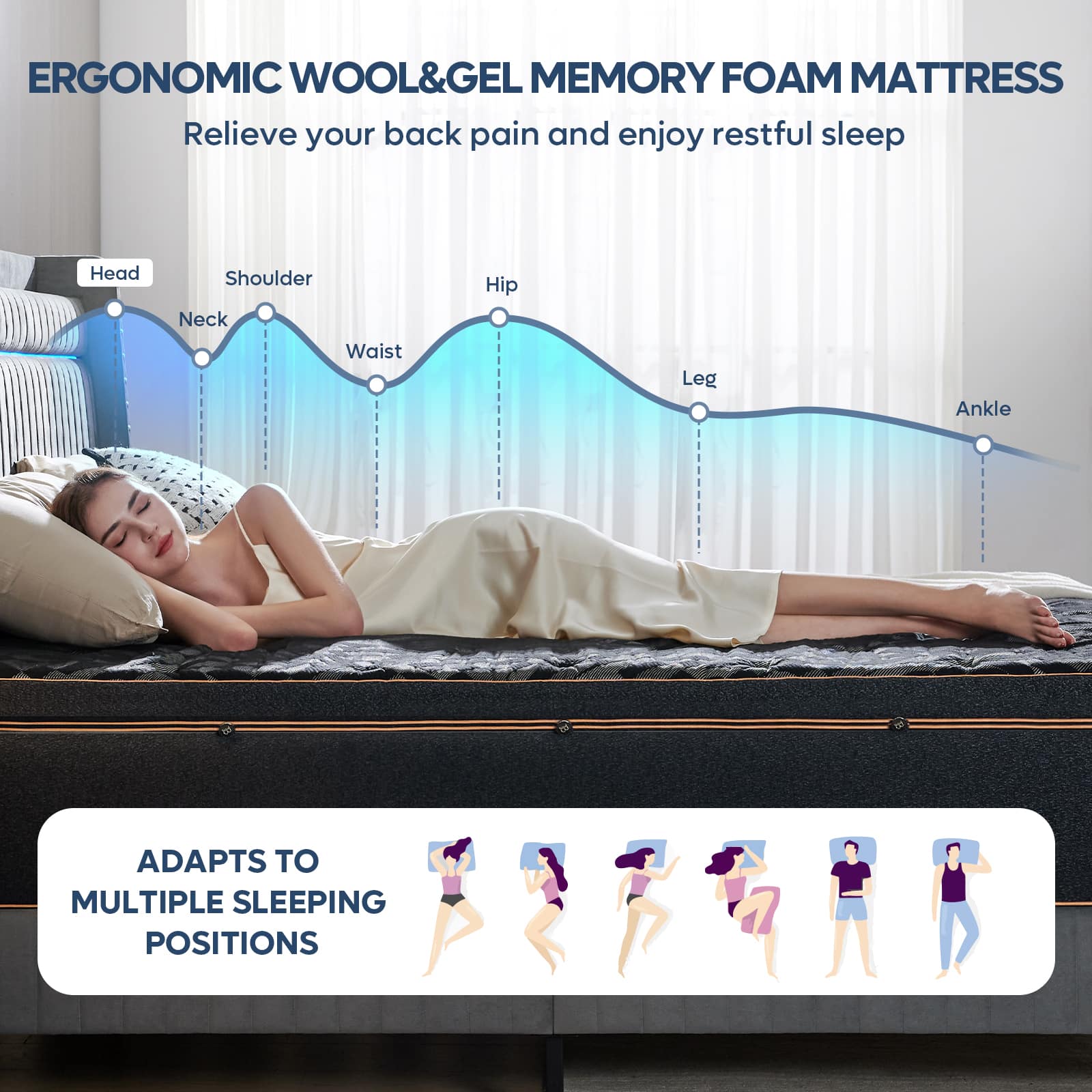 Ergonomic Wool & Gel Memory Foam Mattress: Relieve your back pain and enjoy restful sleep. Adapts to multiple sleeping positions.