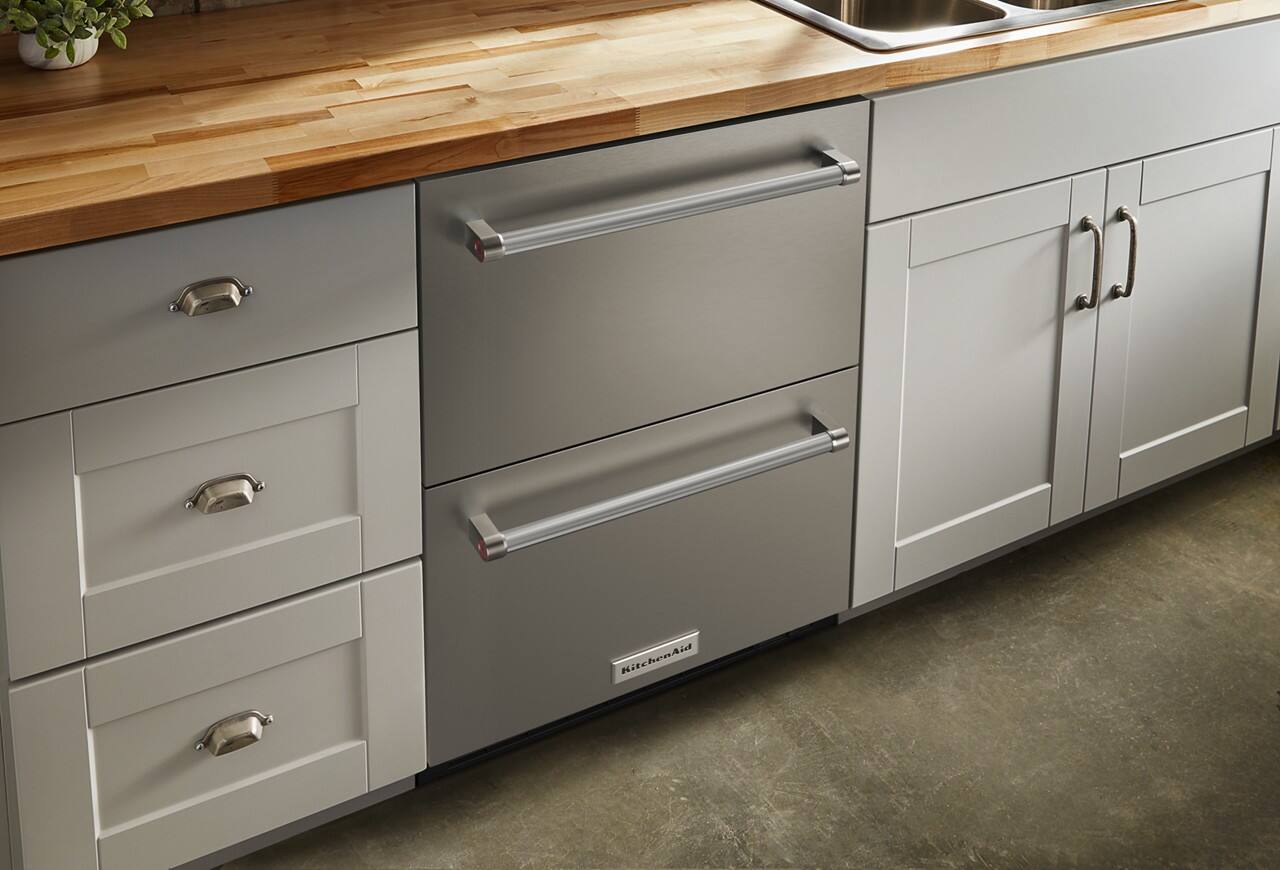 Back. KitchenAid - 4.29 Cu. Ft. Built-In Mini Fridge with Double-Drawer Refrigerator/Freezer - Stainless Steel.