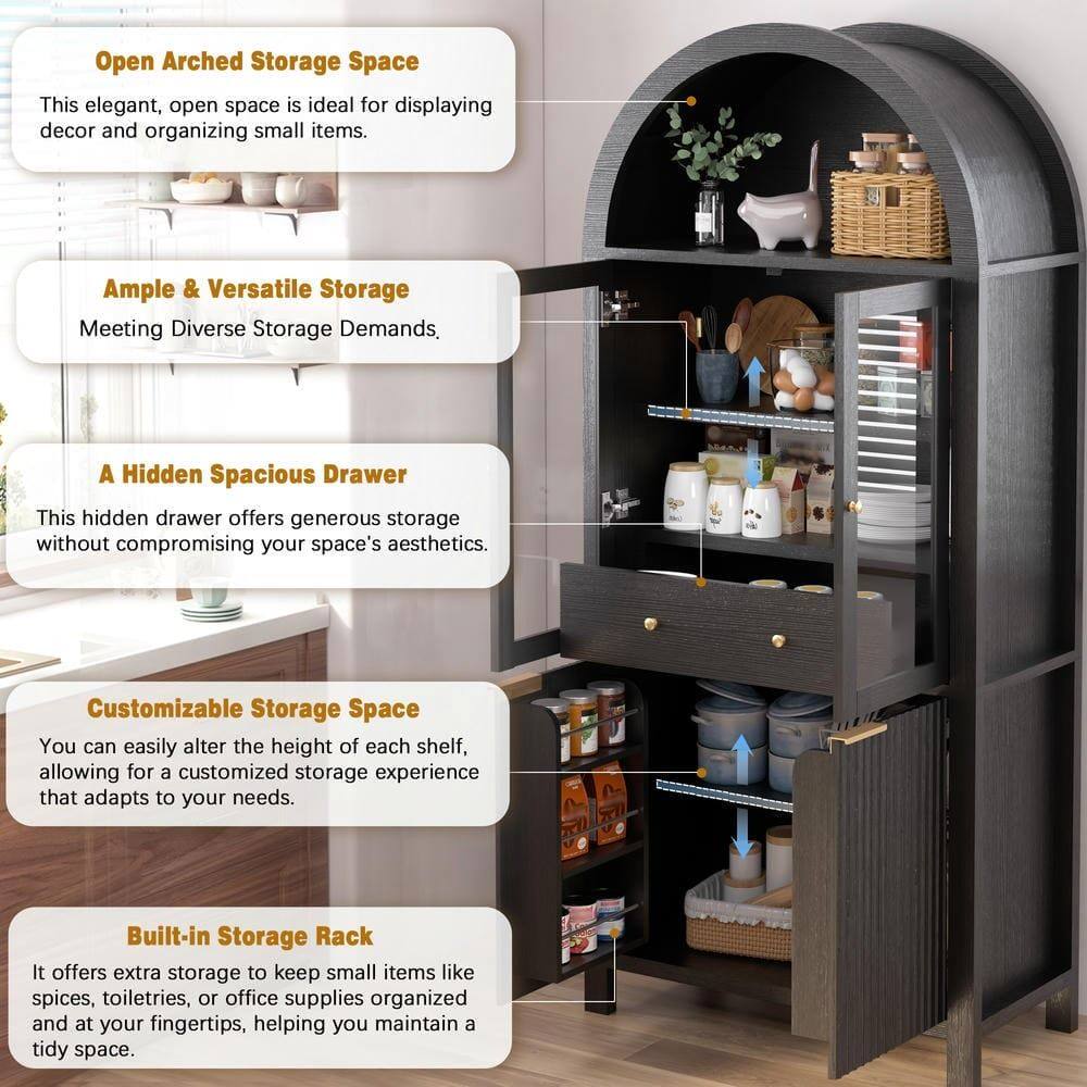 Open Arched Storage Space  
This elegant, open space is ideal for displaying decor and organizing small items.

Ample & Versatile Storage  
Meeting Diverse Storage Demands, without compromising your space's aesthetics.

A Hidden Spacious Drawer  
This hidden drawer offers generous storage without compromising your space's aesthetics.

Customizable Storage Space  
You can easily alter the height of each shelf, allowing for a customized storage experience that adapts to your needs.

Built-in Storage Rack  
It offers extra storage to keep small items like spices, toiletries, or office supplies organized and at your fingertips, helping you maintain a tidy space.