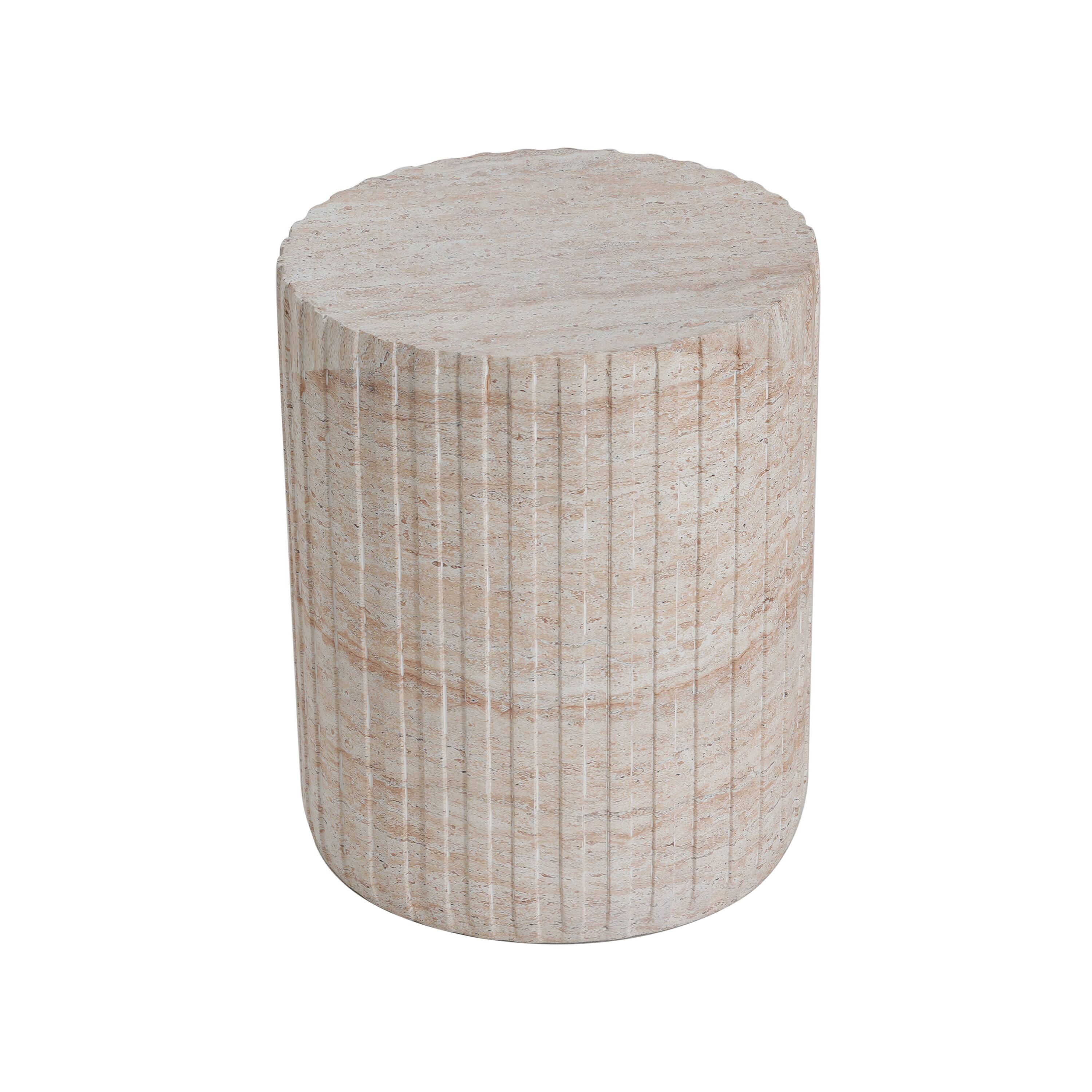 Back. Whisen - Lightweight Concrete Outdoor and Indoor Patio Side Table, Travertine Finish Round Accent - Beige.