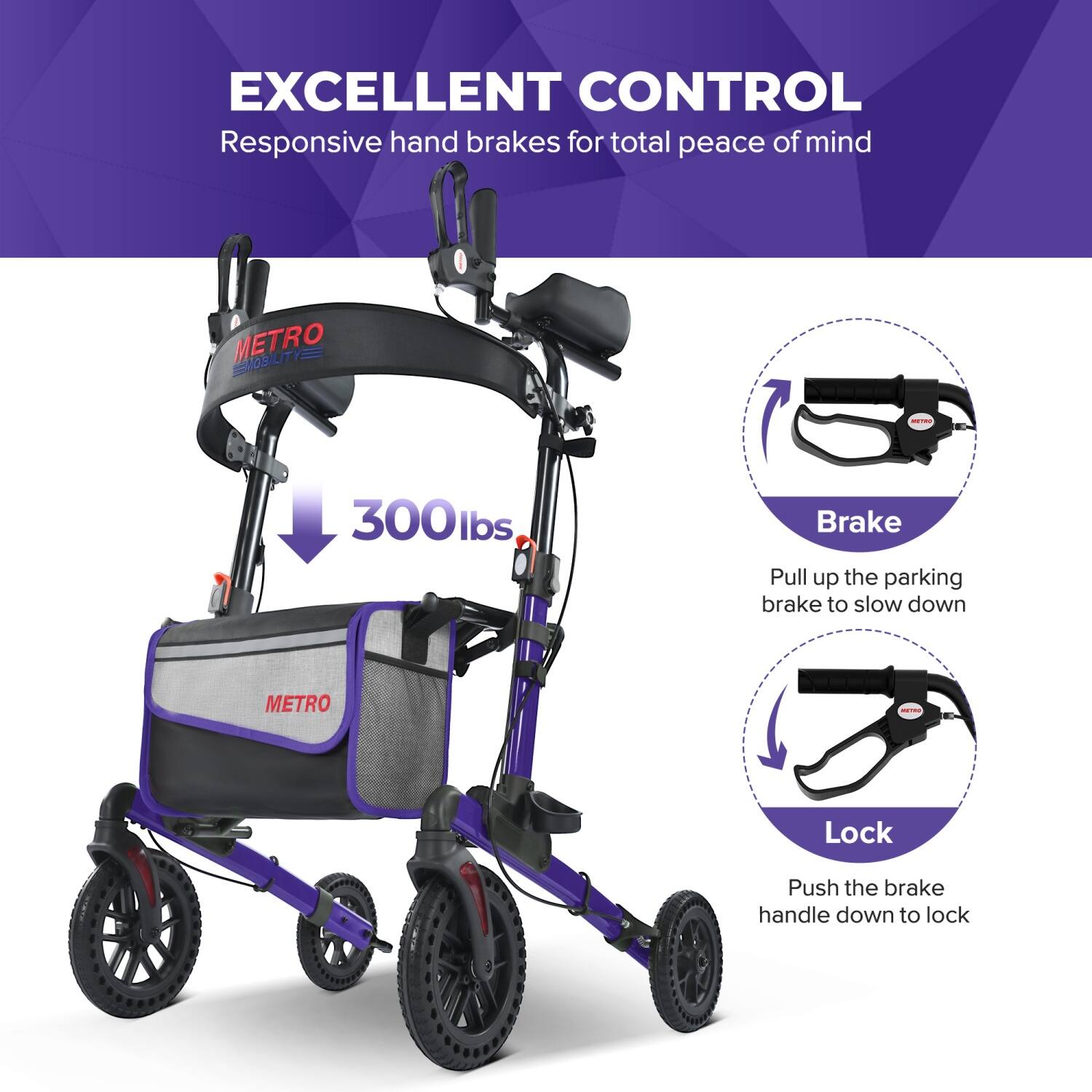 EXCELLENT CONTROL  
Responsive hand brakes for total peace of mind  

METRO MOBILITY  

300lbs  

Brake  
Pull up the parking brake to slow down  

Lock  
Push the brake handle down to lock