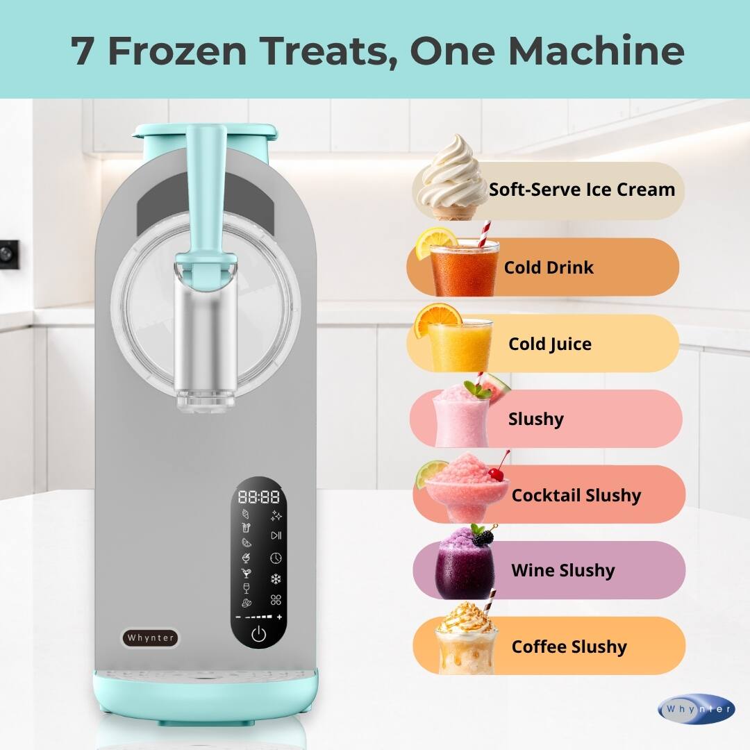 7 Frozen Treats, One Machine  
Soft-Serve Ice Cream  
Cold Drink  
Cold Juice  
Slushy  
Cocktail Slushy  
Wine Slushy  
Coffee Slushy