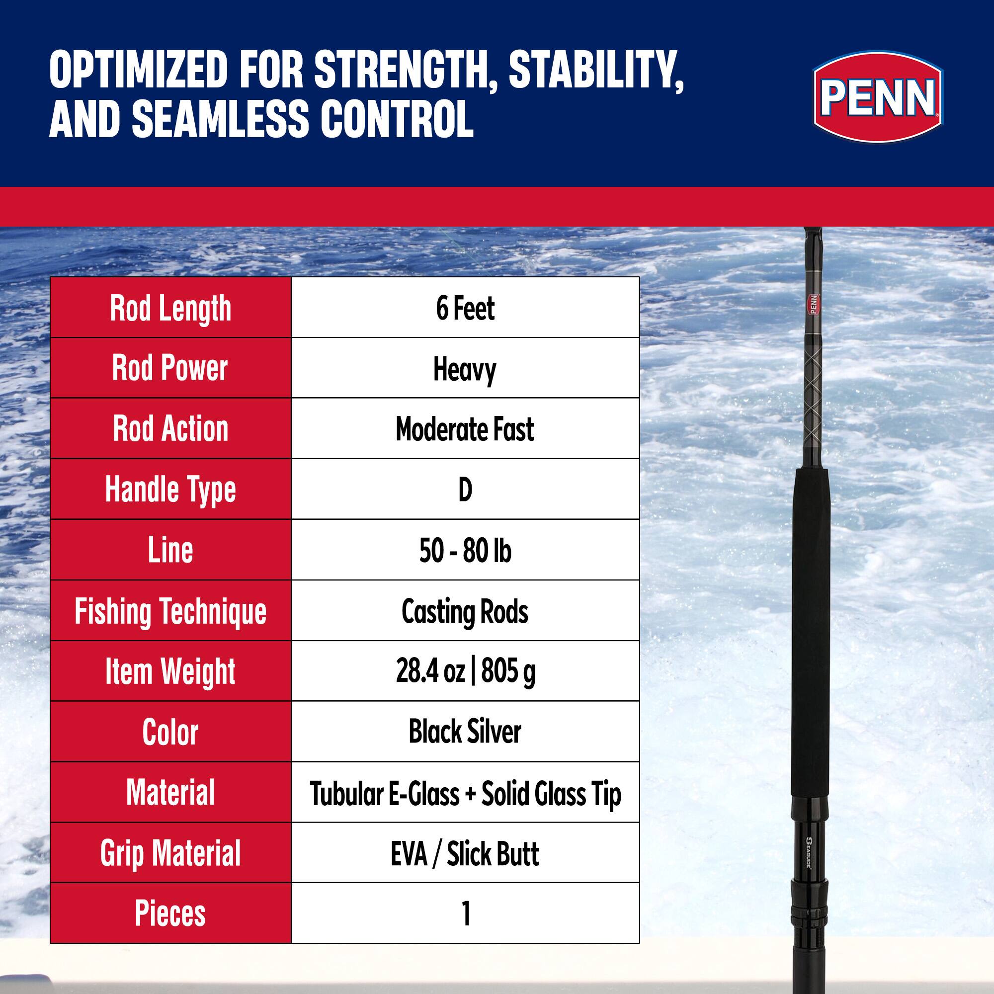 OPTIMIZED FOR STRENGTH, STABILITY, AND SEAMLESS CONTROL

PENN

Rod Length: 6 Feet  
Rod Power: Heavy  
Rod Action: Moderate Fast  
Handle Type: D  
Line: 50 - 80 lb  
Fishing Technique: Casting Rods  
Item Weight: 28.4 oz | 805 g  
Color: Black Silver  
Material: Tubular E-Glass + Solid Glass Tip  
Grip Material: EVA / Slick Butt  
Pieces: 1