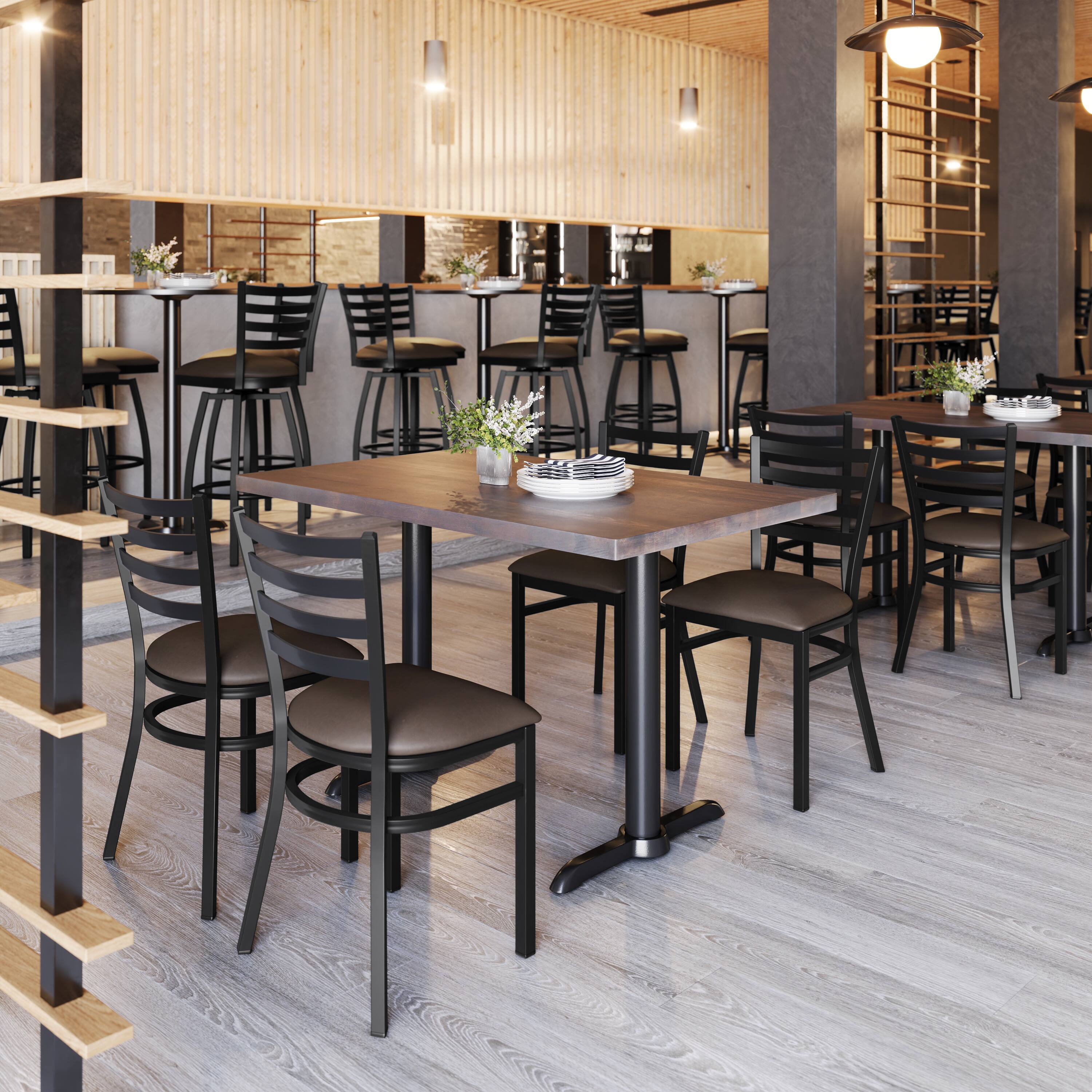 Alt View 2. Emma + Oliver - 4 Pack Ladder Back Metal Restaurant Chair - Upholstered Seat - Mocha Vinyl Seat/Black Metal Frame.