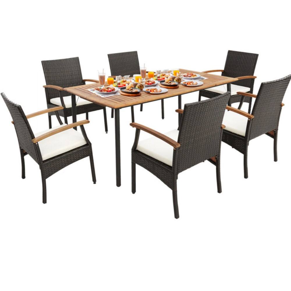 Mondawe - 7 Pieces Patio Wicker Cushioned Dining Set with Wood Armrest and Umbrella Hole - Natural, Black, Mix Brown