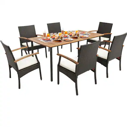 Front. Mondawe - 7 Pieces Patio Wicker Cushioned Dining Set with Wood Armrest and Umbrella Hole - Natural, Black, Mix Brown.