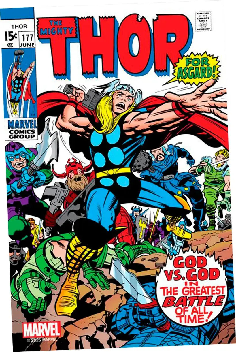 Approved by the Comics Code Authority. June 1977. Thor for Asgard! Marvel Comics Group. Marvel 2025. God vs. God in the greatest battle of all time!