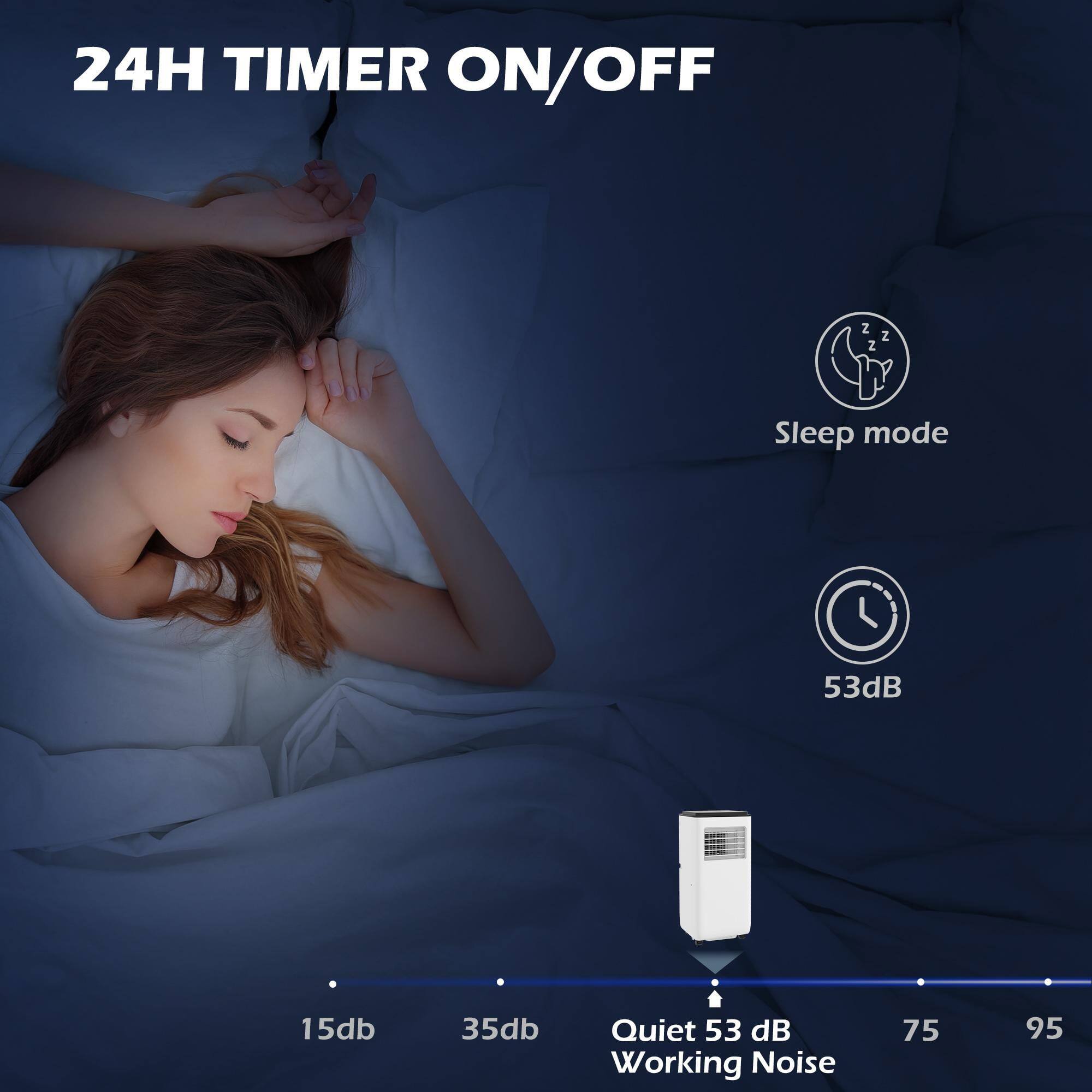 24H TIMER ON/OFF

Sleep mode

53dB

Quiet 53 dB

Working Noise

15db 35db 75 95