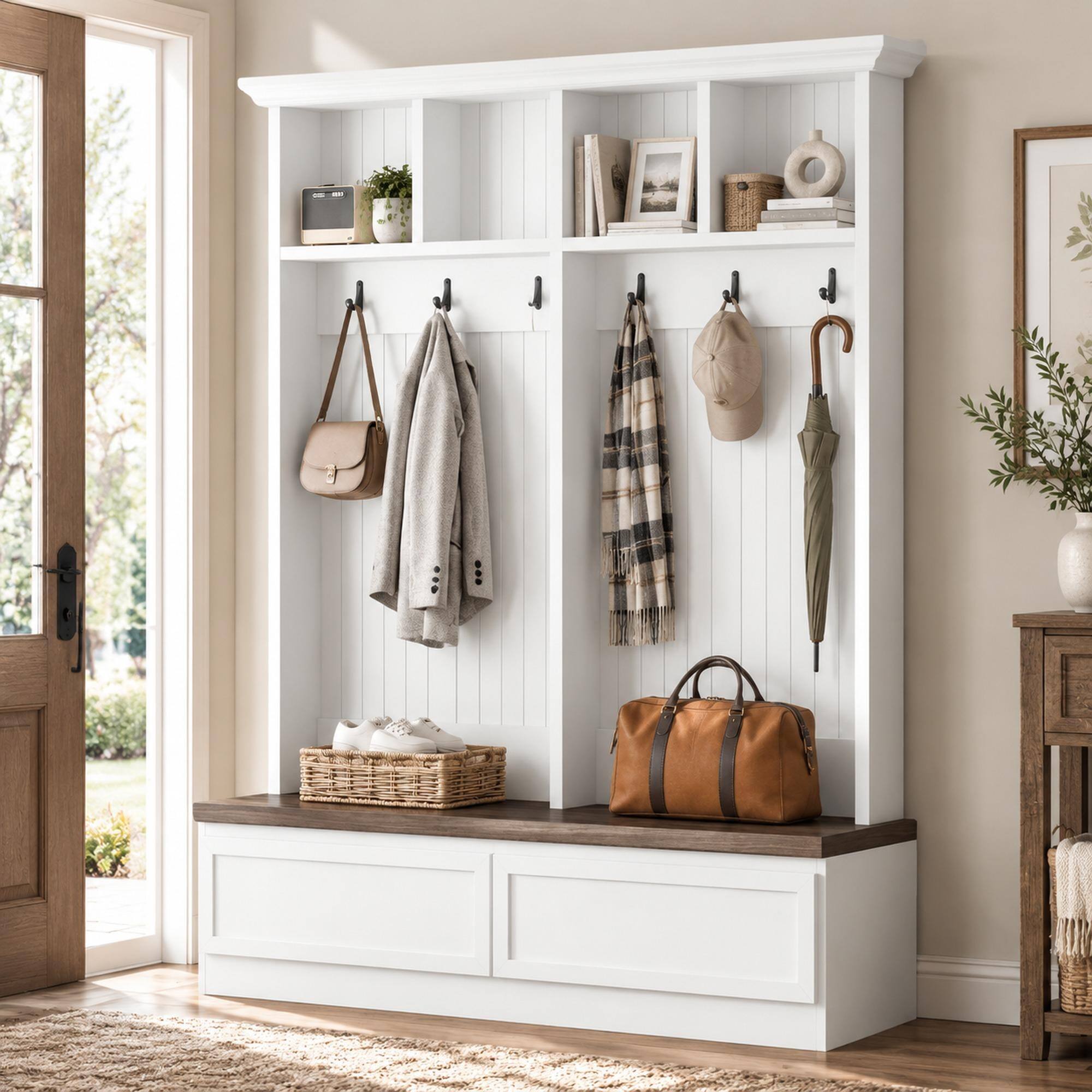 Front. RYHNUYNE - Farmhouse 4-in-1 Hall Tree, 55.9 in Wood Grain Bench, 2 Drawers, 6 Hooks, White, Mudroom Organizer - White+Walnut.