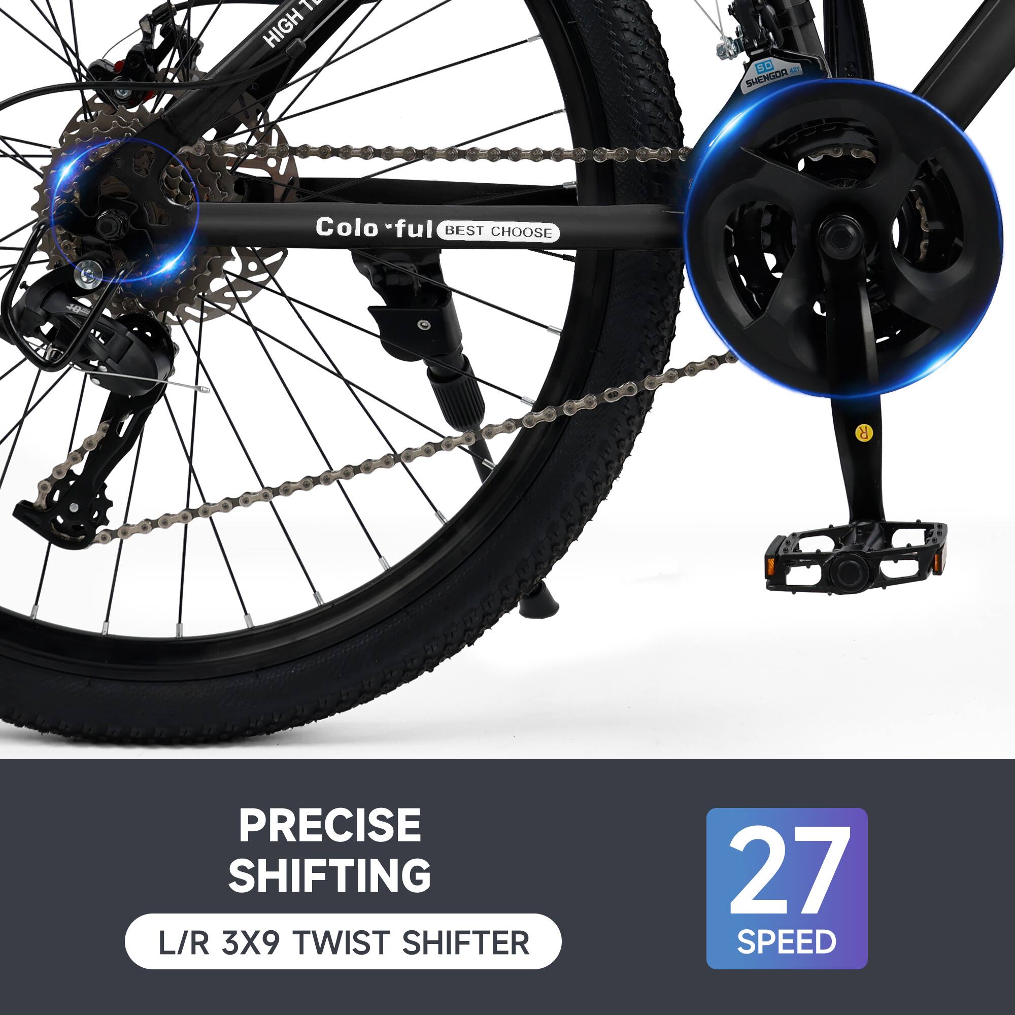 19 HIGH SD: SHENGDR  
Colo·ful BEST CHOOSE  
PRECISE SHIFTING L/R 3X9 TWIST SHIFTER  
27 SPEED