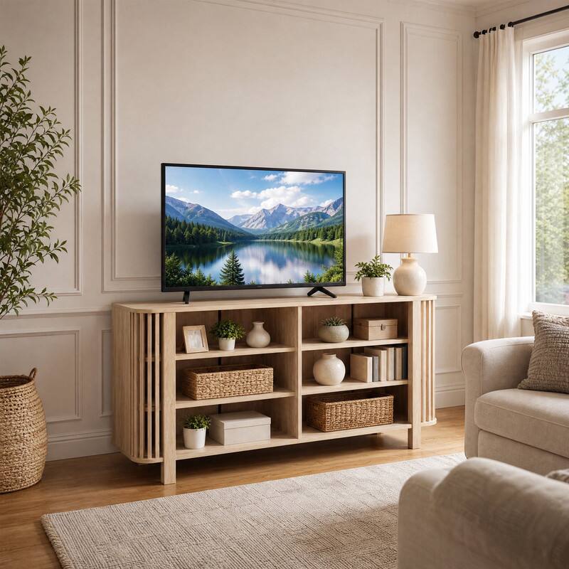 Angle. WELLFOR - Modern TV Stand for TVs Up to 55 Inches with Adjustable Shelves, Wood TV Media Console Entertainment Center - Natural.