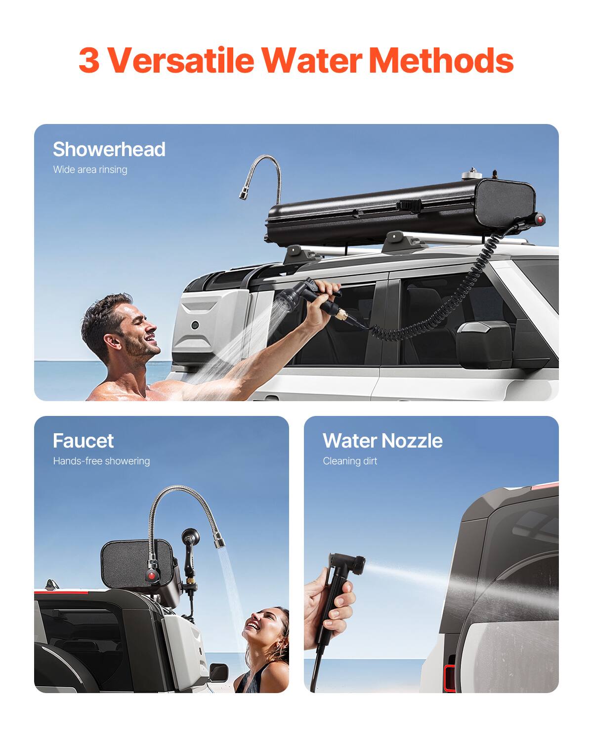 3 Versatile Water Methods

Showerhead
Wide area rinsing

Faucet
Hands-free showering

Water Nozzle
Cleaning dirt