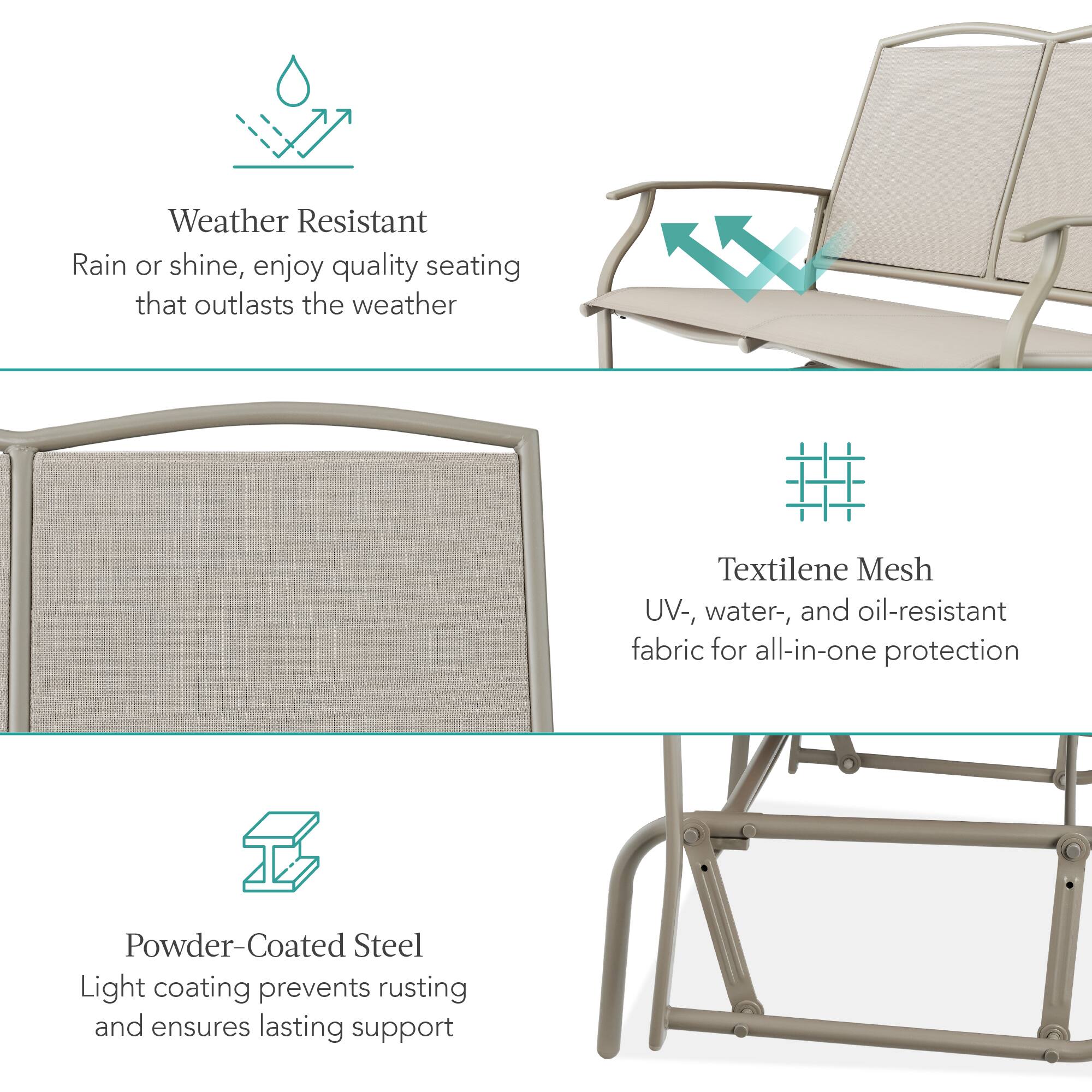 Weather Resistant  
Rain or shine, enjoy quality seating that outlasts the weather  

Textilene Mesh  
UV-, water-, and oil-resistant fabric for all-in-one protection  

Powder-Coated Steel  
Light coating prevents rusting and ensures lasting support