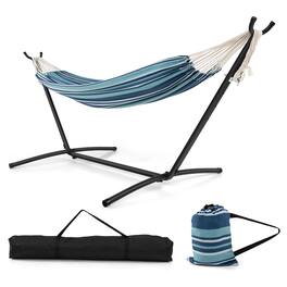 Gymax - Portable Indoor Outdoor 2-Person Double Hammock Set w/ Stand and Carrying Cases - Blue