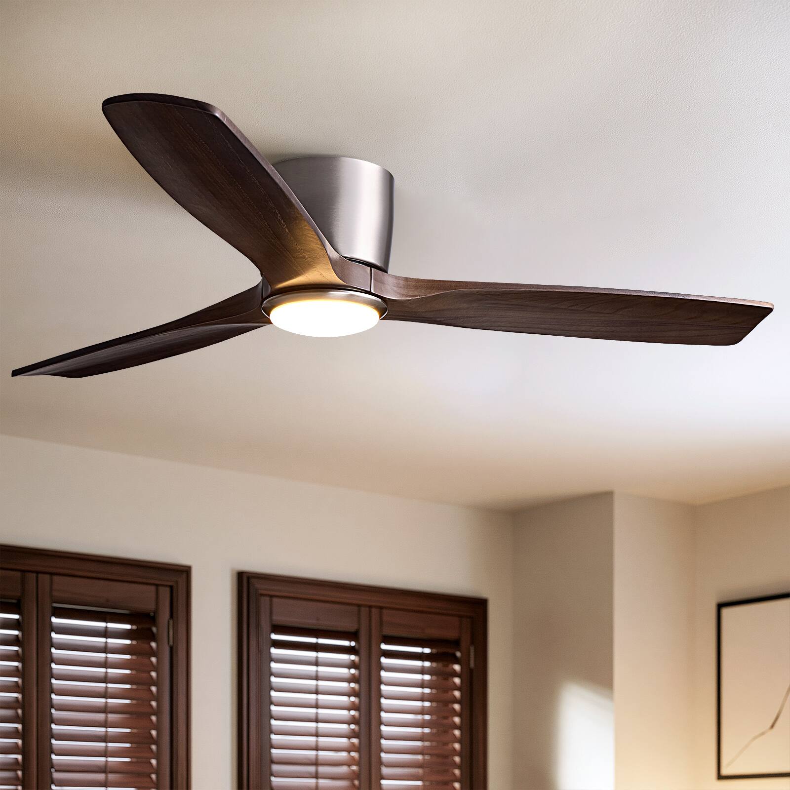 Angle. Siljoy - 52 Inch Brushed Nickel Low Profile Ceiling Fan Light 3 Natural Wood Blades LED Fan For Indoor Living Bedroom - Brushed Nickel.