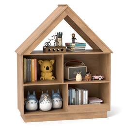 Costway - Wooden Kids Dollhouse Bookshelf with Open Shelves Anti-toppling System Bookcase - Natural