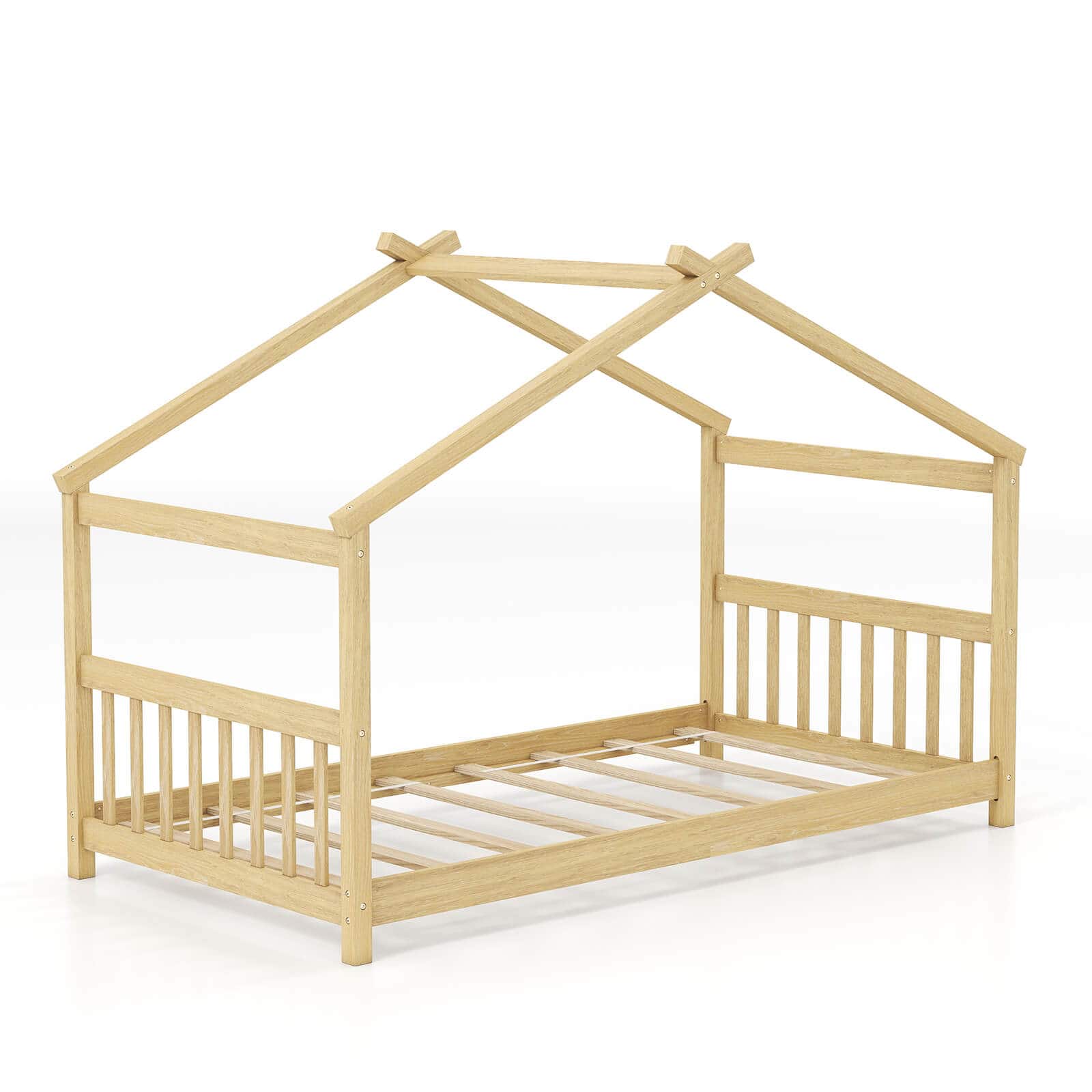 Costway - Twin Size House Bed with Roof Wooden Low Floor Bed No Box Spring Needed - Natural
