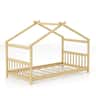 Costway - Twin Size House Bed with Roof Wooden Low Floor Bed No Box Spring Needed - Natural