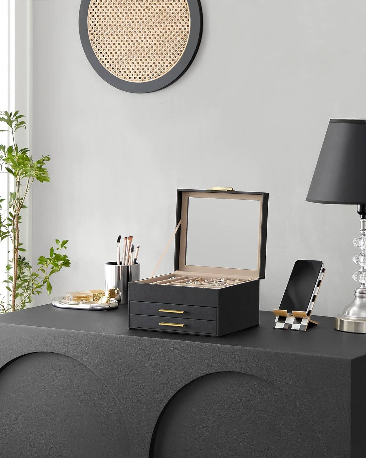 Back. Songmics Home - 3-Layer Jewelry Box Organizer with 2 Drawer in Ink Black and Gold - Black.