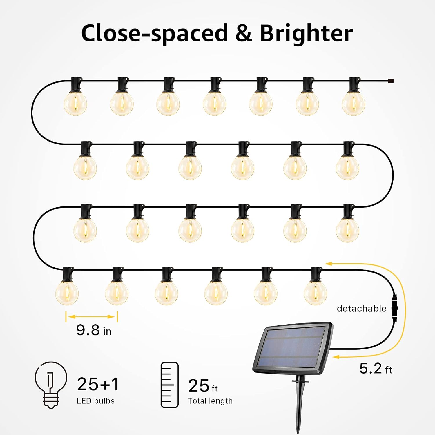 Left. Lepro - 25ft Solar/USB Rechargable Dusk-to-Dawn Outdoor String Lights, 26 LED G40 Bulbs, for Porch Backyard Pool Party Garden.