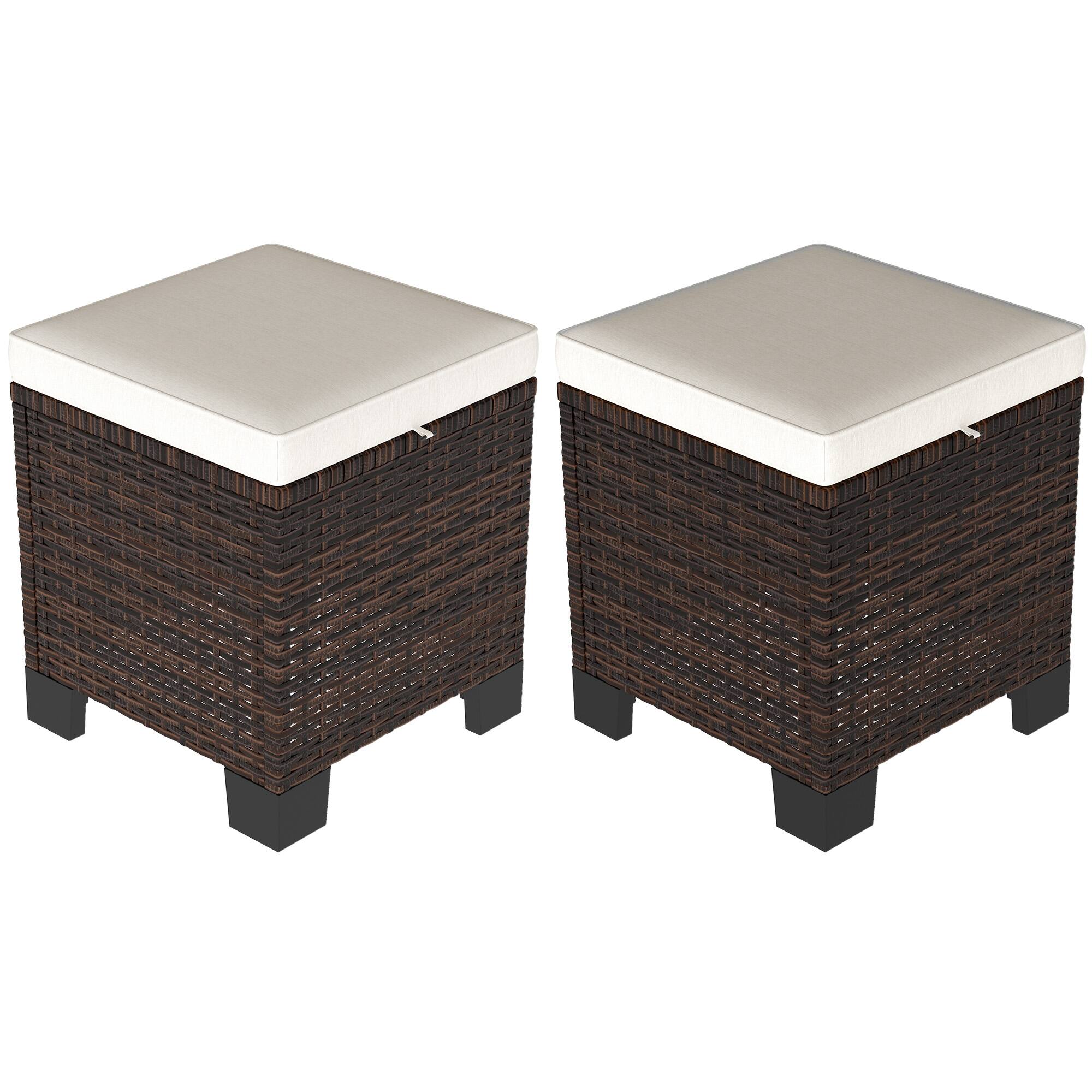Outsunny - 2 Pieces Outdoor Patio Ottomans, All Weather Wicker Outdoor Footstools with Removable Cushions - Beige