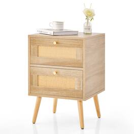 Costway - 1 PCS Rattan Nightstand Boho Accent Bedside Table with 2 Storage Drawers - Natural