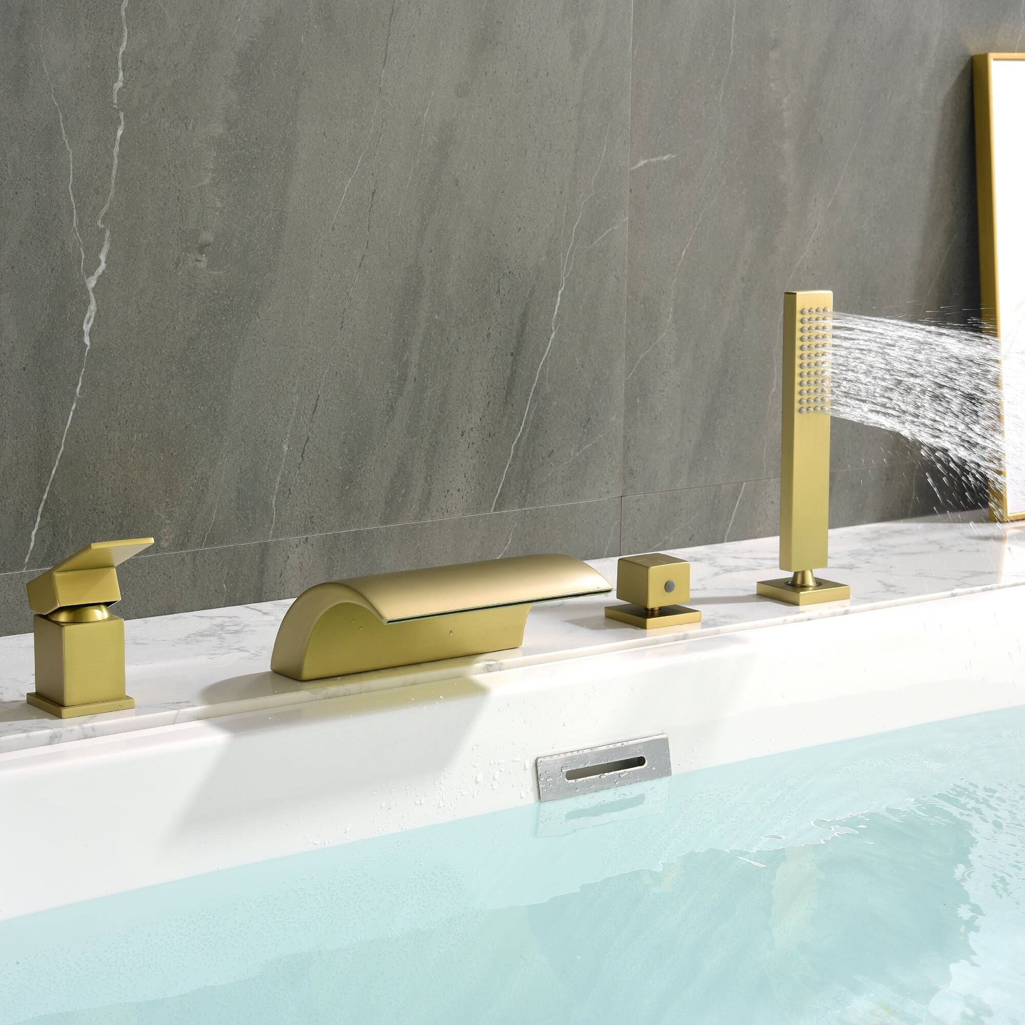 Alt View 7. Boyel Living - Single-Handle Tub Deck Mount Roman Tub Faucet with Hand Shower and Water Suply Hose in Brushed Gold - Brushed Gold.
