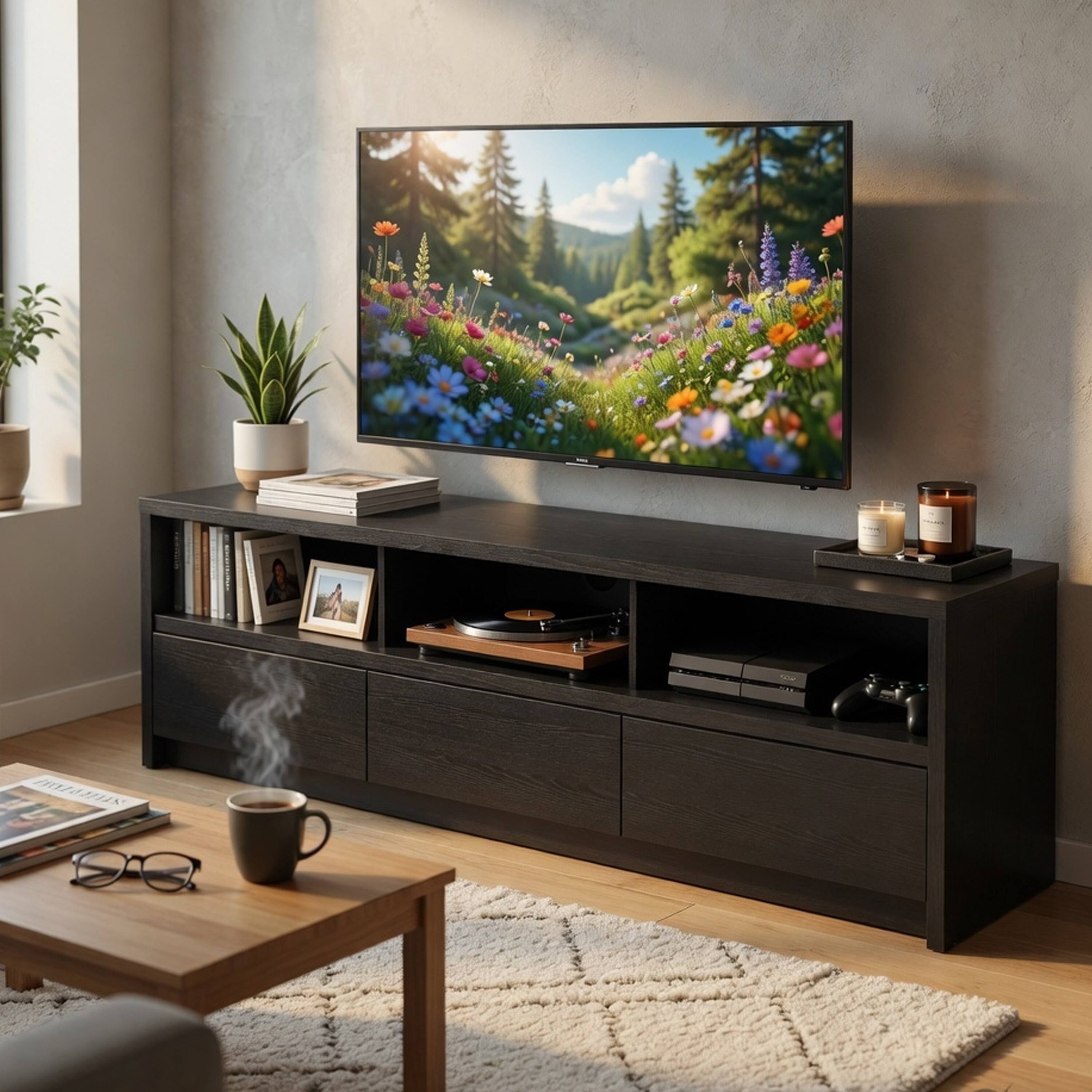 Alt View 8. Manhattan Lane - Rutvy TV Stand Media Console with Open Shelves, Black Wood 78 Inch - Black.