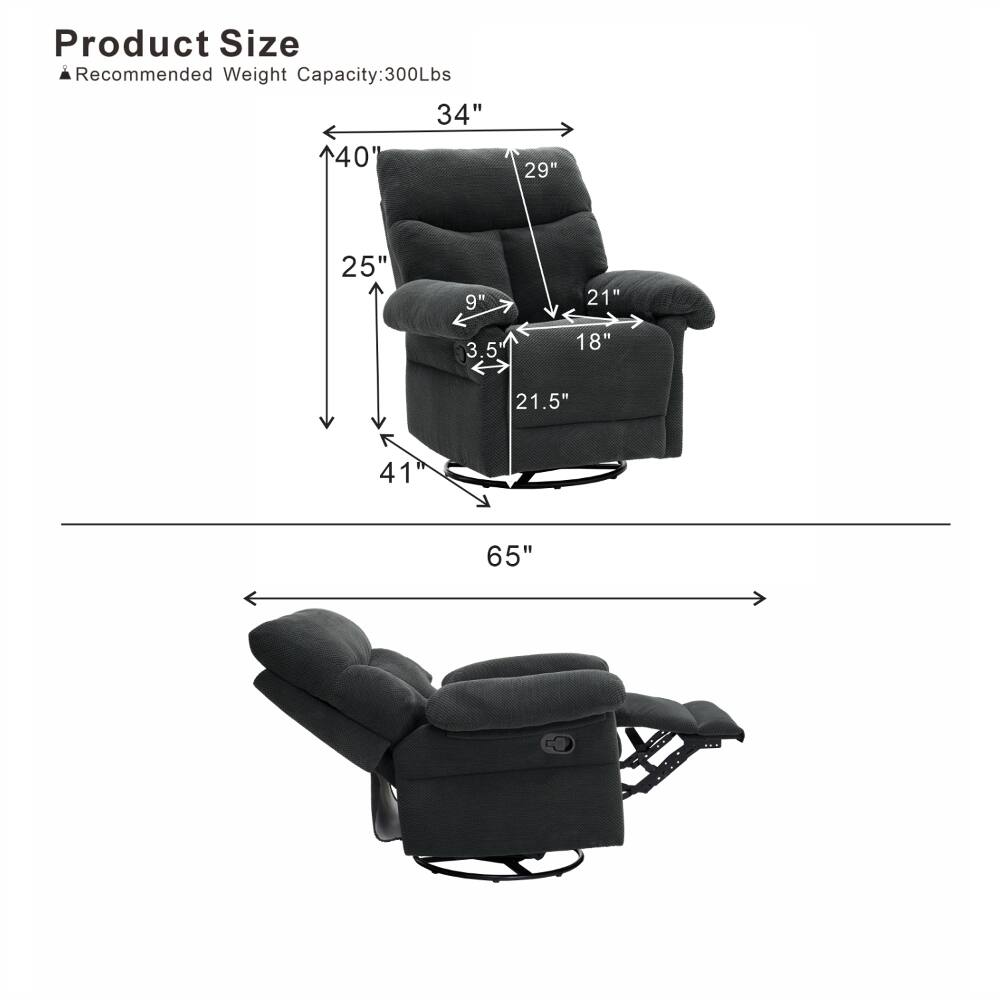 Product Size  
Recommended Weight Capacity: 300Lbs  
34"  
29"  
25"  
9"  
21"  
3.5"  
18"  
21.5"  
41"  
65"