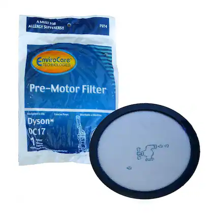 A MUST FOR ALLERGY SUFFERERS!!
F974
EnviroCare TECHNOLOGIES
Pre-Motor Filter
Designed to Fit: Dyson DC17
Conçu Pour: Dyson DC17
Diseñado a Medida: Dyson DC17
1 Filter
Filtre
Filtro
*Trademark of Manufacturer