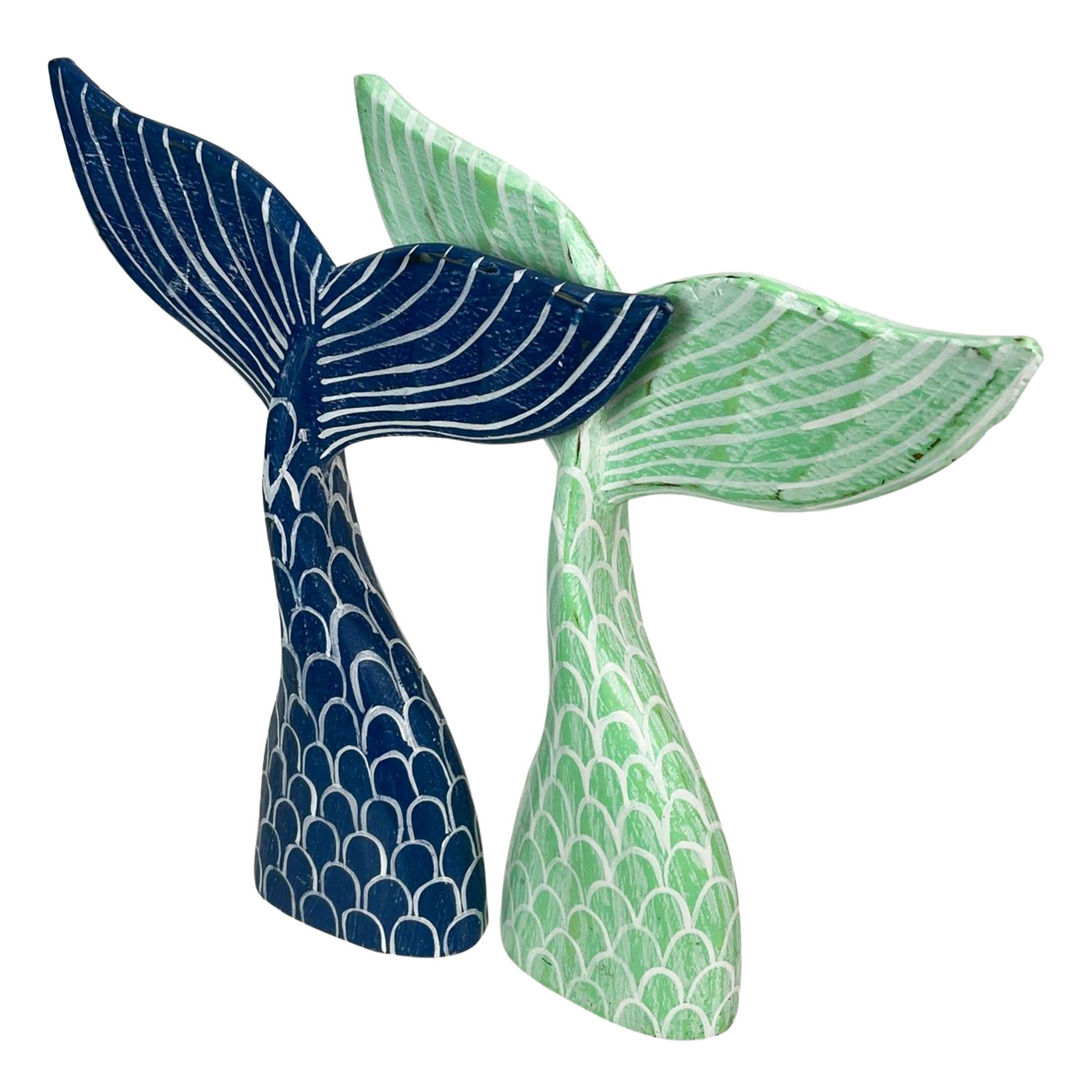 Alt View 8. Things2Die4 - Set of 2 Wood Mermaid Tail Sculptures 13.75" Turquoise & Navy Blue Decor - Green/Blue.