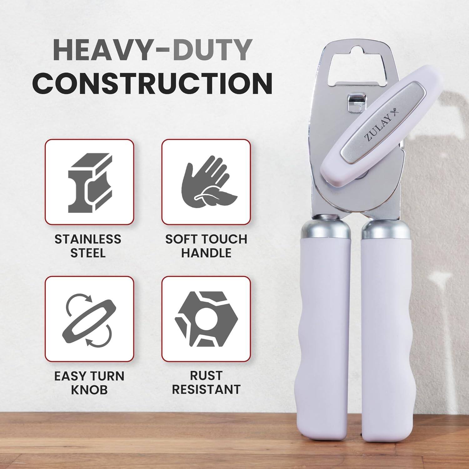 HEAVY-DUTY CONSTRUCTION  
- ZULAY STAINLESS STEEL  
- SOFT TOUCH HANDLE  
- EASY TURN KNOB  
- RUST RESISTANT