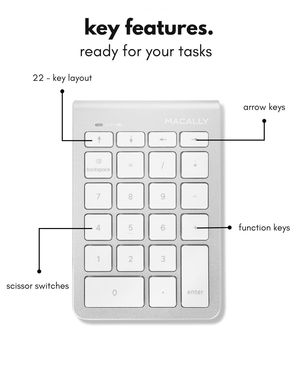 Key features.  
Ready for your tasks  

22-key layout  

Scissor switches  

Arrow keys  

Function keys