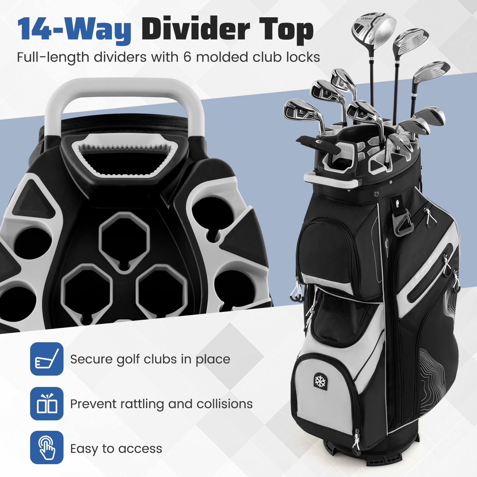 14-Way Divider Top  
Full-length dividers with 6 molded club locks  

Secure golf clubs in place  
Prevent rattling and collisions  
Easy to access