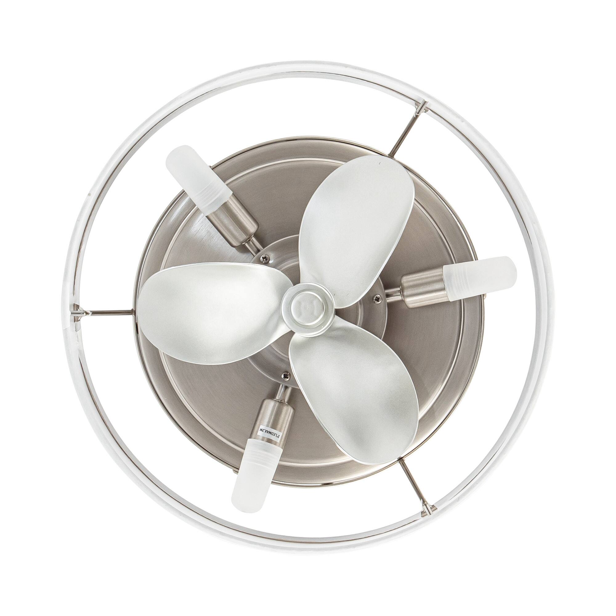Left. Parrot Uncle - 12.6" Satin Nickel Flush Mount Caged Ceiling Fan with Light and Remote - Nickel.
