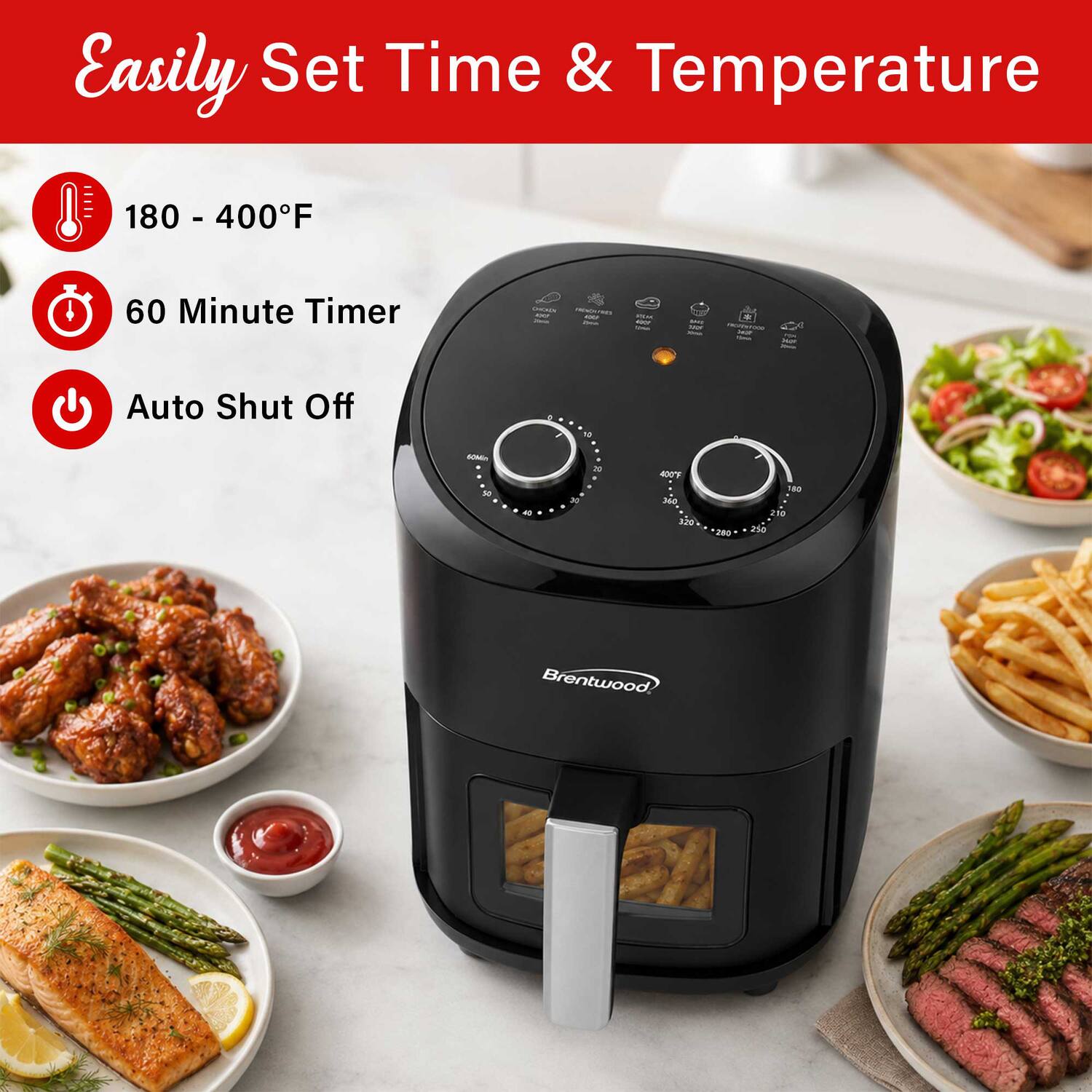 Easily Set Time & Temperature

180 - 400°F

60 Minute Timer

Auto Shut Off

Brentwood