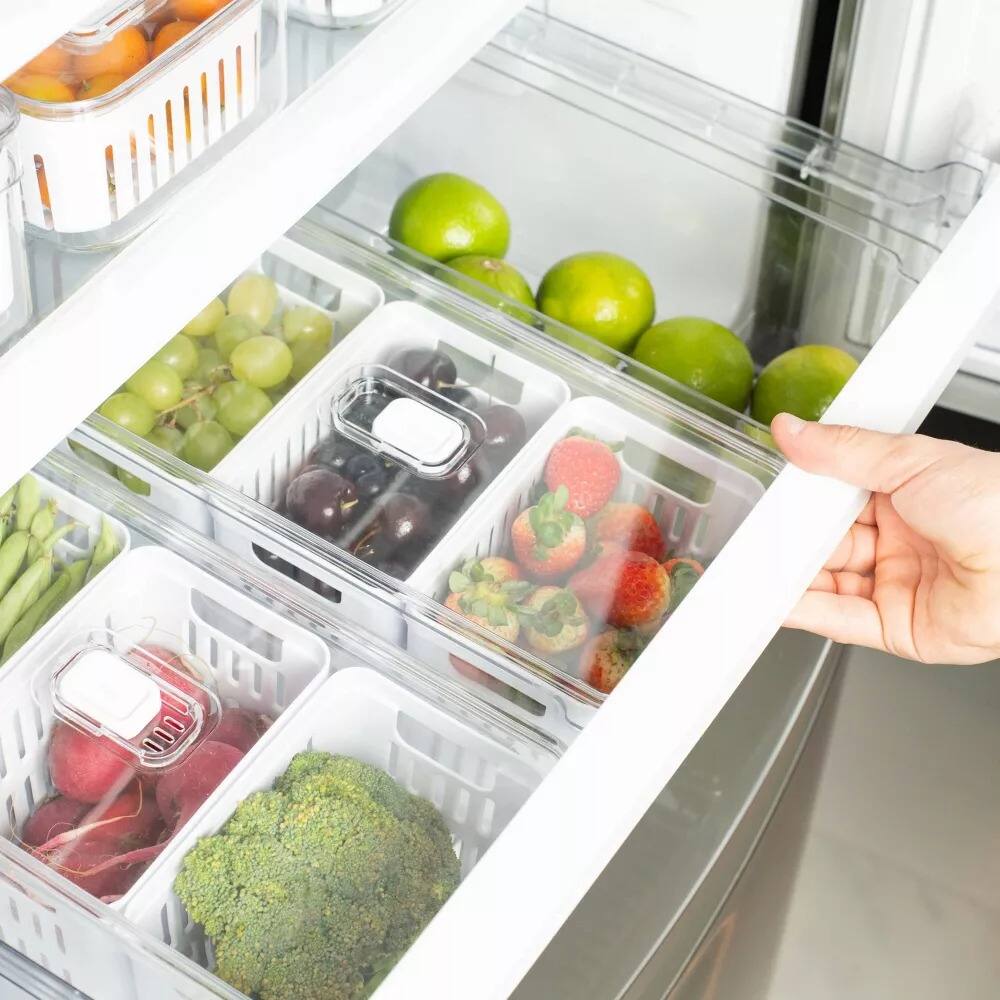 Back. OU - OU Fridge Organizer Bins with Drain Basket & Vented Lid, BPA Free Produce Kitchen Storage Container - Clear.