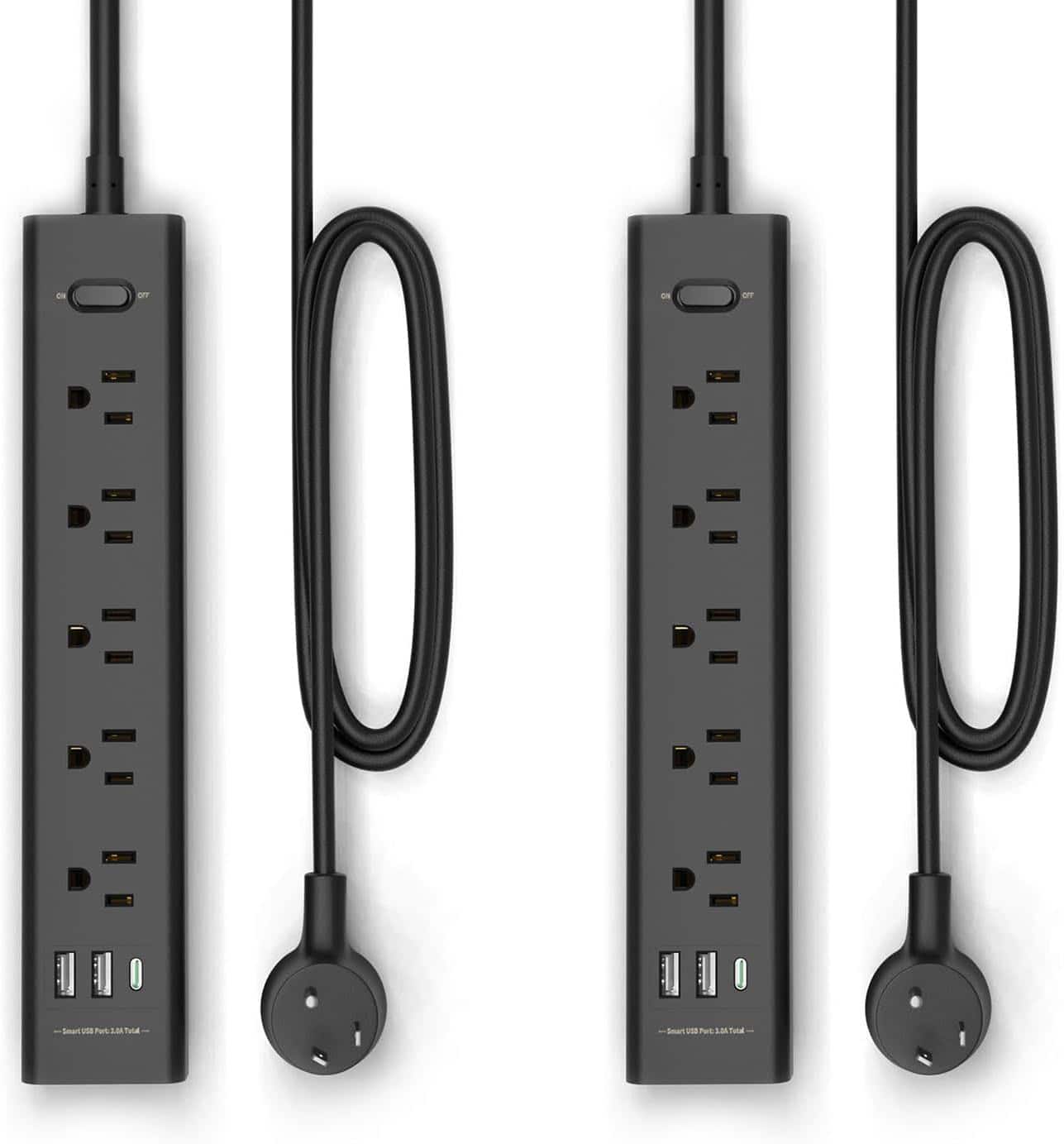 FINEAK - 10FT Power Strip with 5 Widely Outlets and 3 USB Ports (2 Pack) - Black