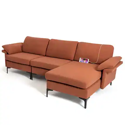Front. Kadyn - Extra Large Modular L-shaped Sectional Sofa with Reversible Chaise for 4-5 People-Rust Red, Sectional Sofa Couch - Red.