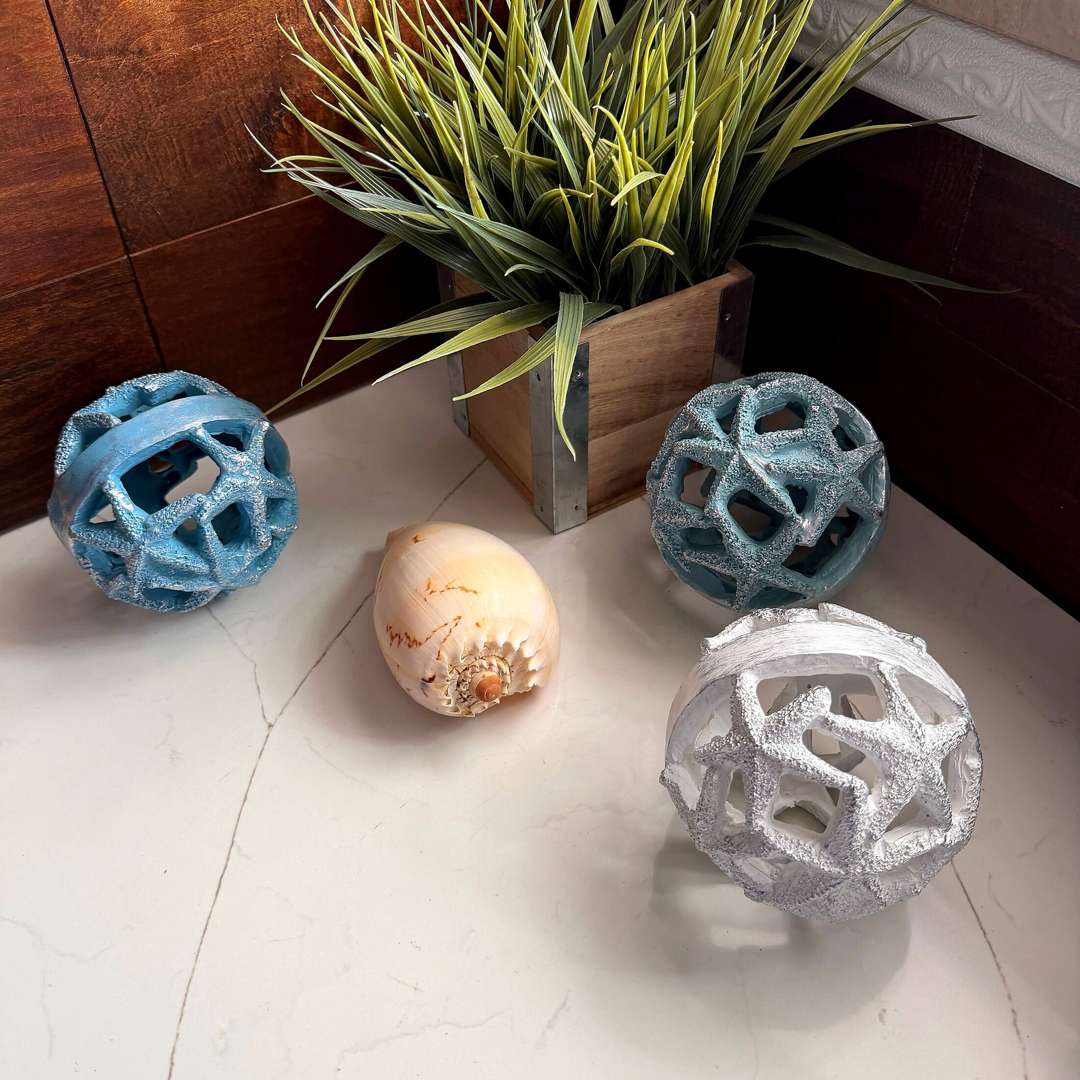 Zeckos Decorative Orbs Set of 3 Starfish Coastal Resin 4 in Blue Aqua ...