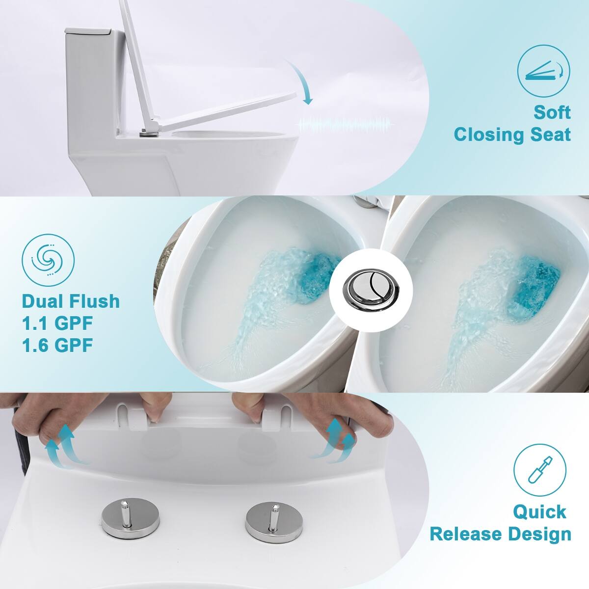 Soft Closing Seat  
Dual Flush 1.1 GPF 1.6 GPF  
Quick Release Design