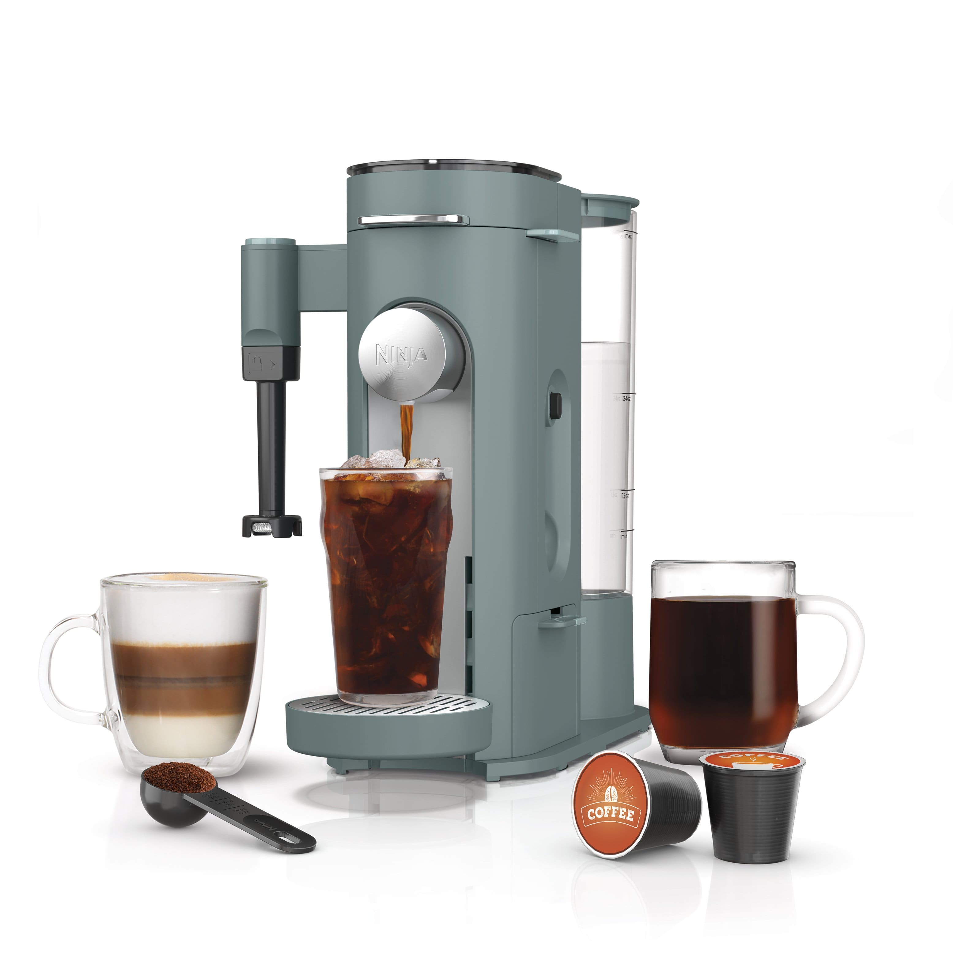 Ninja - Pods & Grounds Specialty Single-Serve Iced Coffee Maker, K-Cup Pod Compatible with Foldaway Milk Frother - Sage Green - Front_Zoom