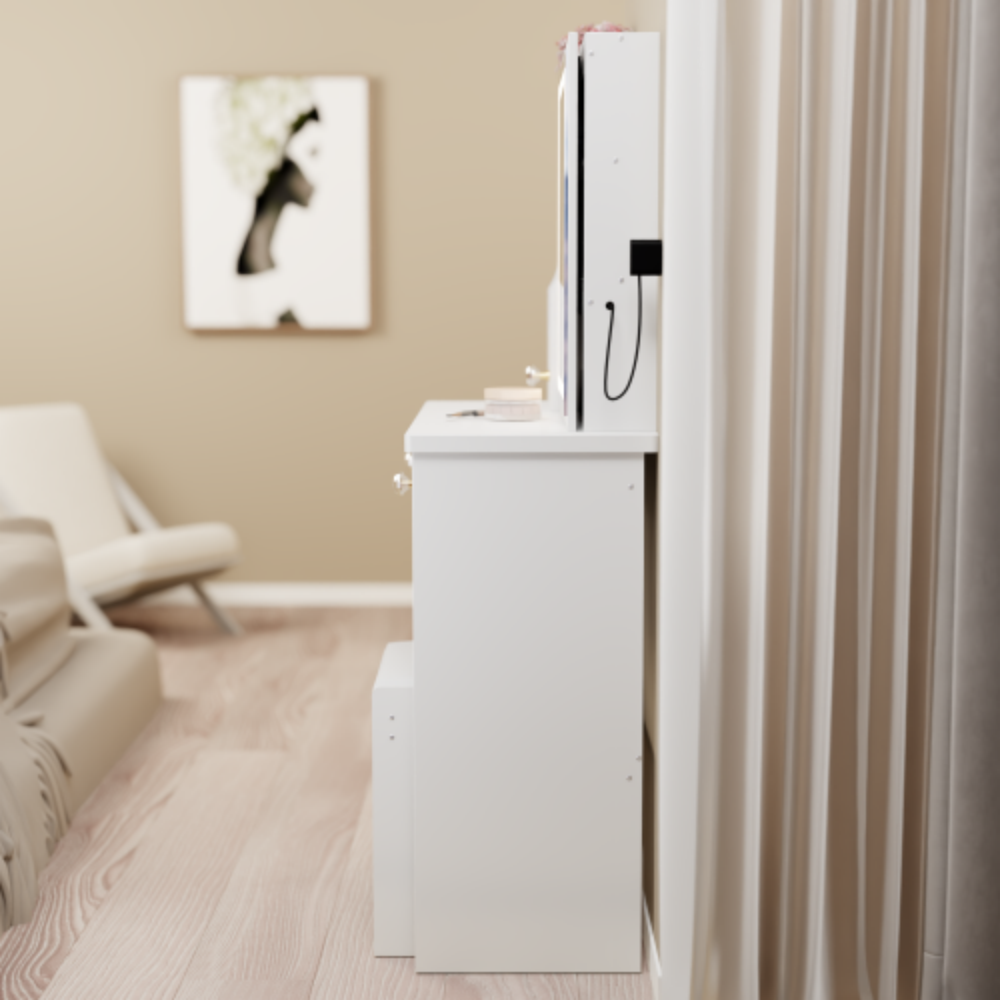 Alt View 1. LUCKY ONE - 29.2in Small Vanity Set with Sliding LED Mirror, Stool for Small Space - White.