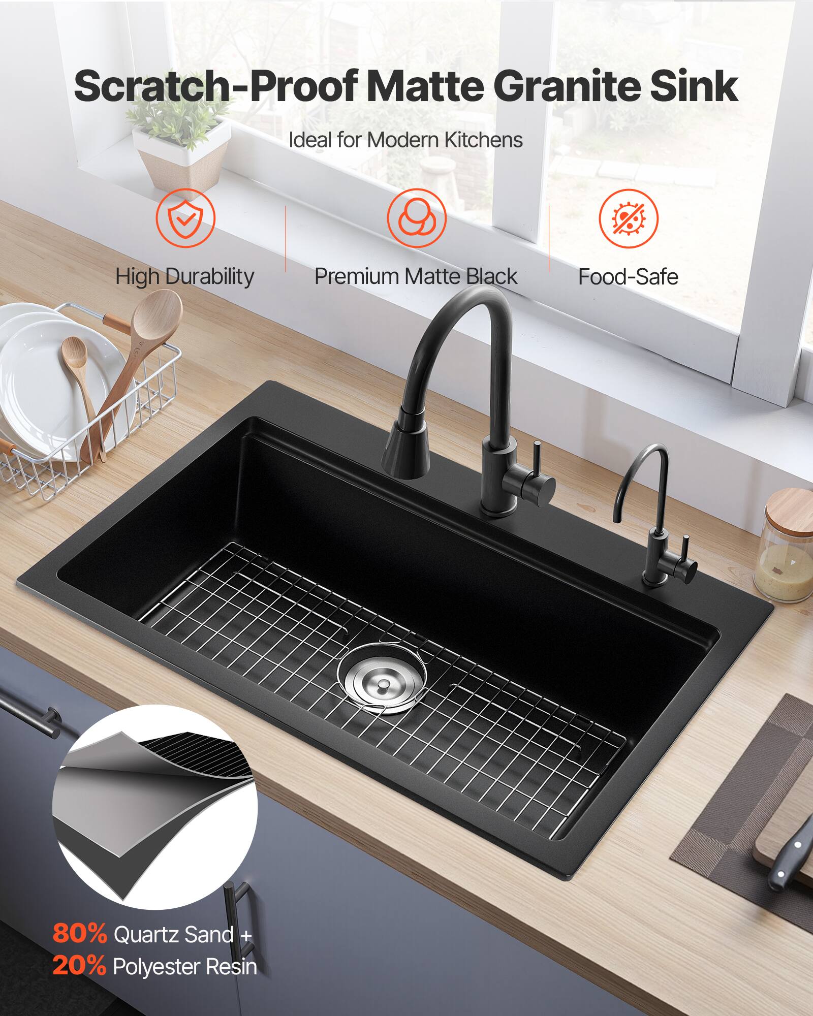 Scratch-Proof Matte Granite Sink  
Ideal for Modern Kitchens  

- High Durability  
- Premium Matte Black  
- Food-Safe  

80% Quartz Sand + 20% Polyester Resin