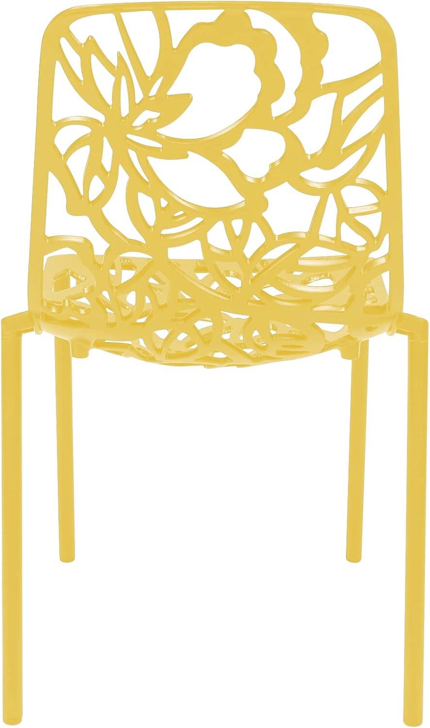 Alt View 1. LeisureMod - Devon (Set of 4) Modern Floral Stackable Aluminum Chair - Weather Resistant Indoor/Outdoor Dining Chair - Yellow.