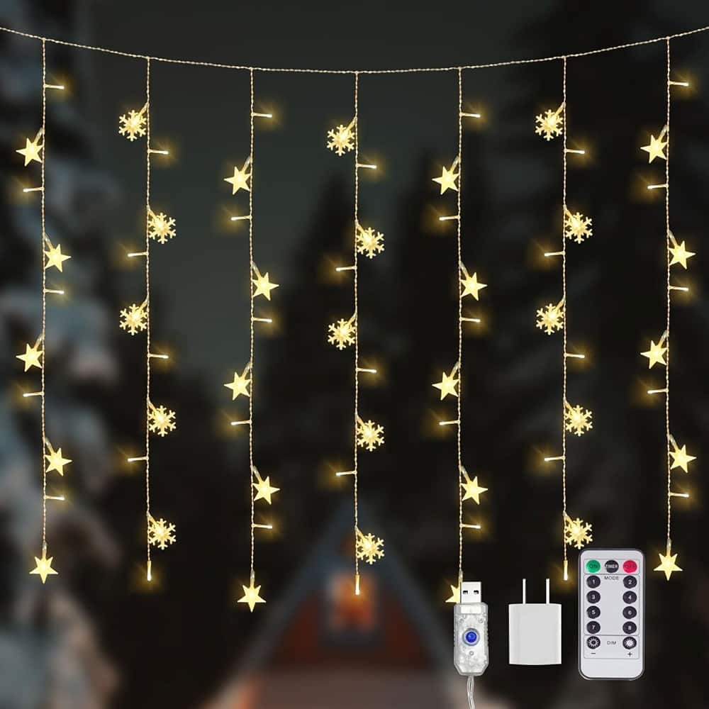 MOSZAR LLC - 8 Modes Christmas Curtain Lights, Snowflake & Star, USB, Warm White